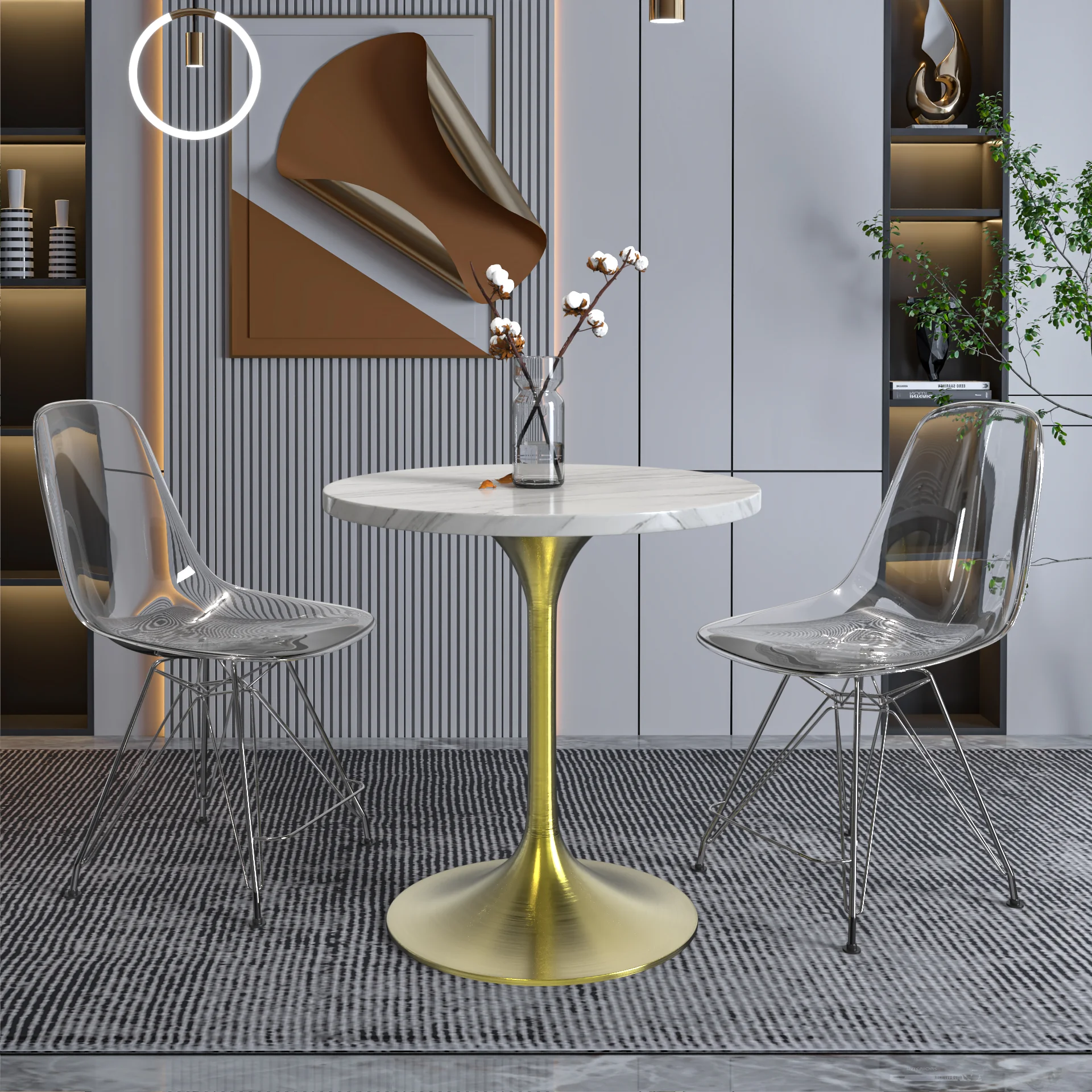 Verve Collection 27 Round Dining Table, Brushed Gold Base with Sintered Stone White Top