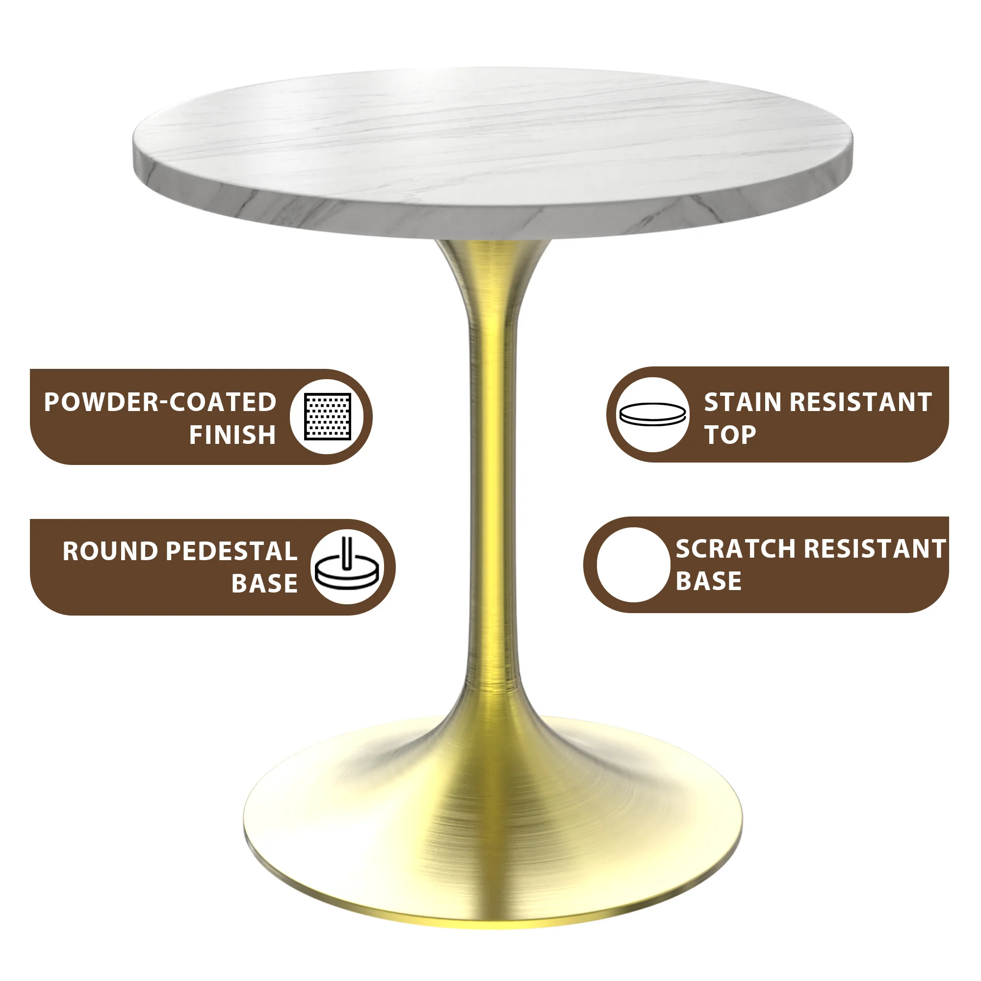 Verve Collection 27 Round Dining Table, Brushed Gold Base with Sintered Stone White Top