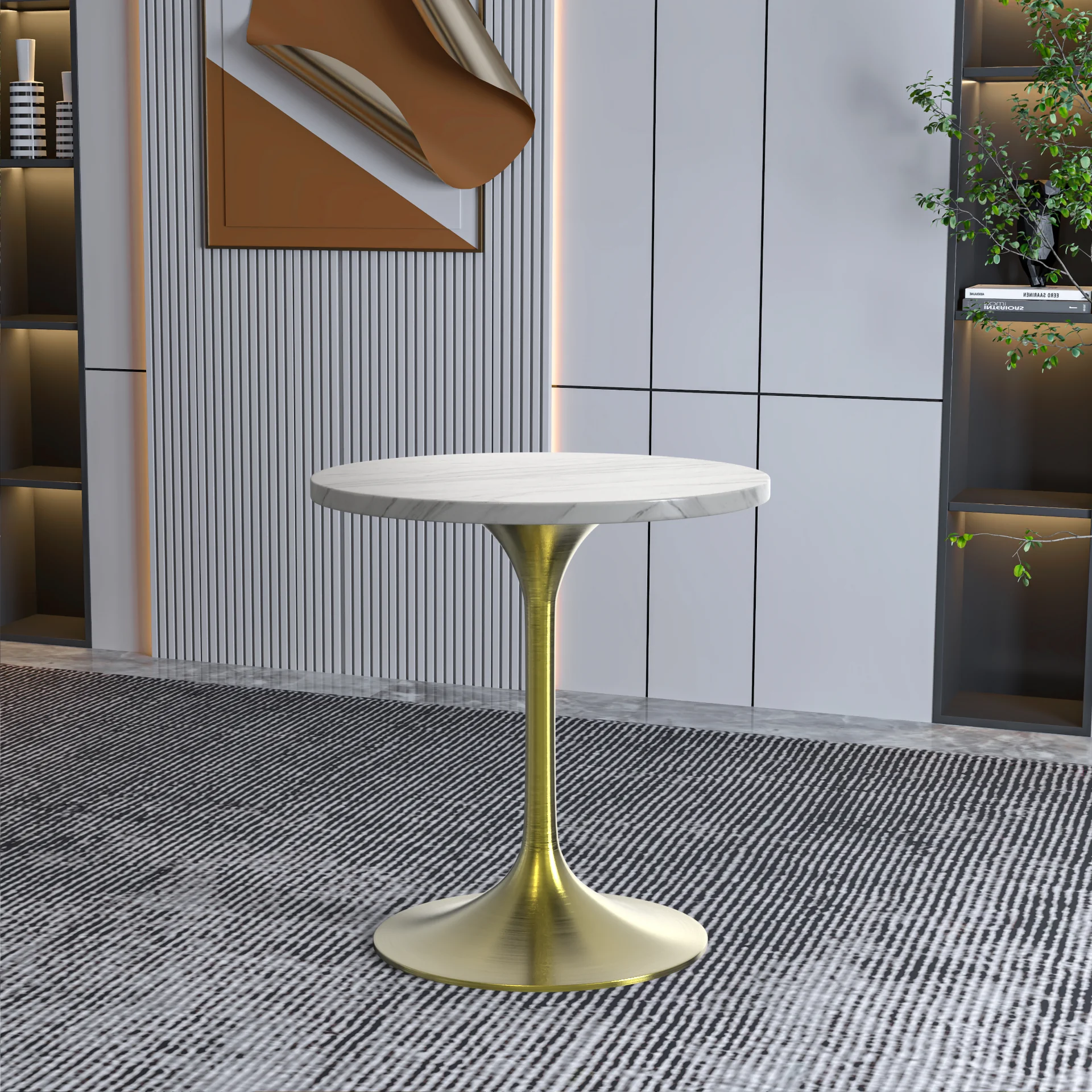 Verve Collection 27 Round Dining Table, Brushed Gold Base with Sintered Stone White Top