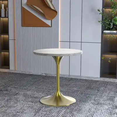 Verve Collection 27 Round Dining Table, Brushed Gold Base with Sintered Stone White Top