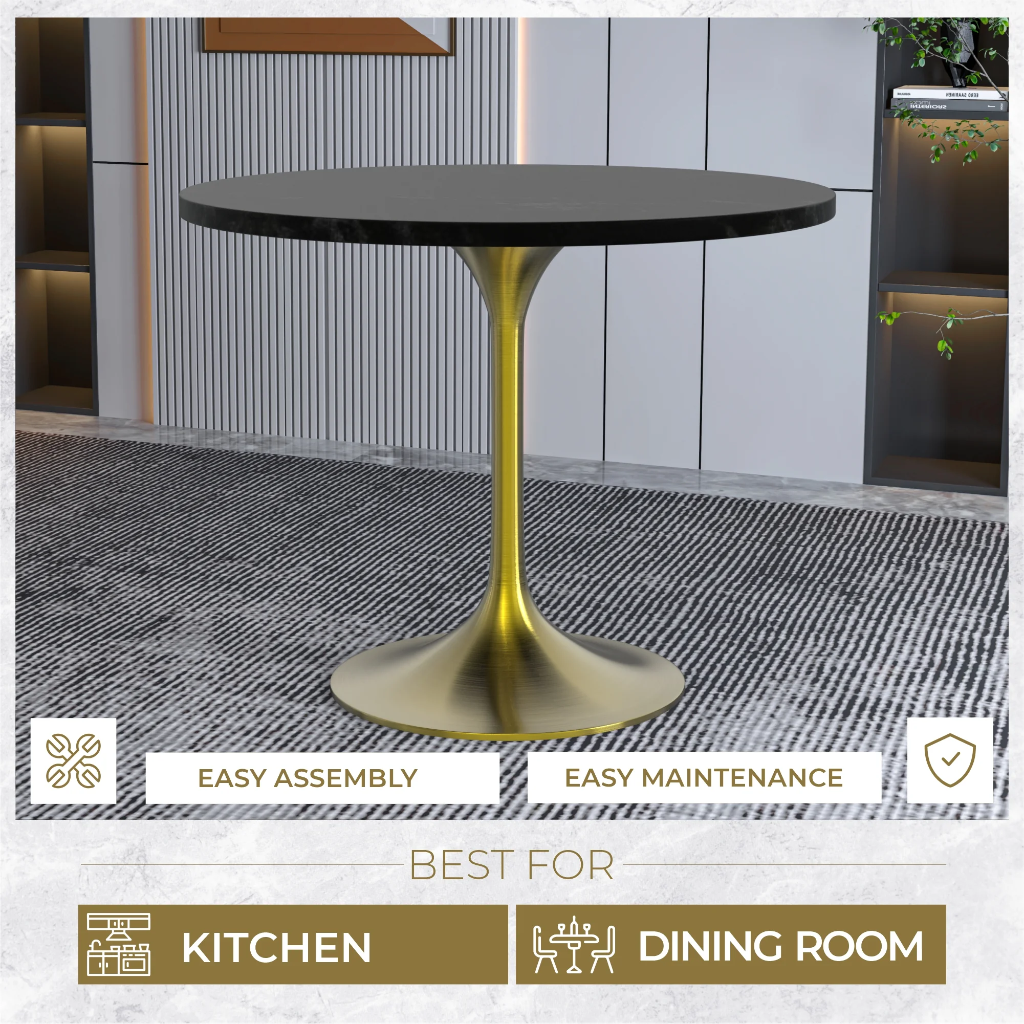 Verve Collection 36" Round Dining Table, Brushed Gold Base with Black MDF Top