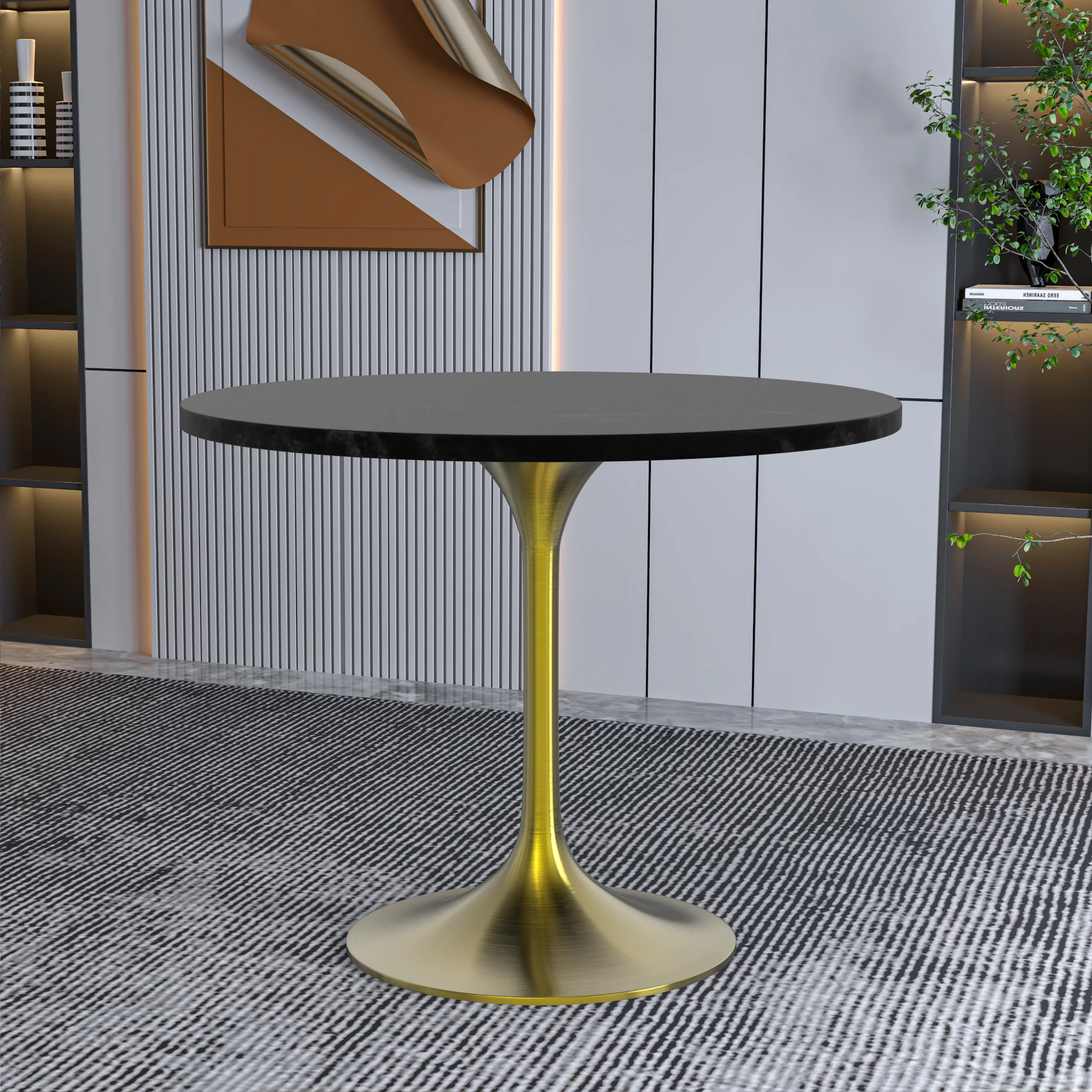 Verve Collection 36" Round Dining Table, Brushed Gold Base with Black MDF Top