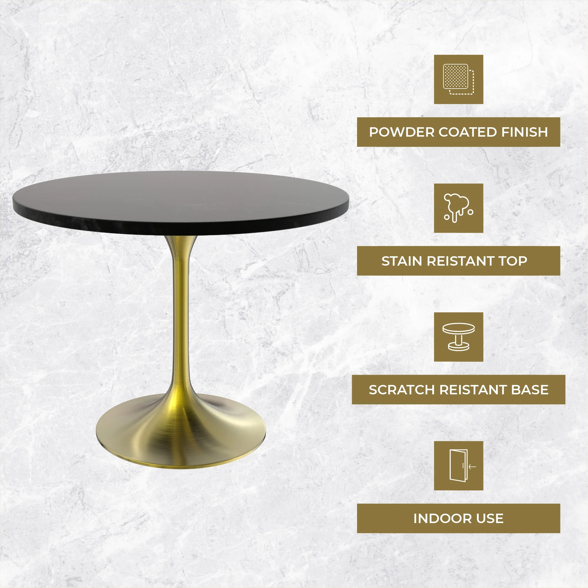 Verve Collection 36" Round Dining Table, Brushed Gold Base with Black MDF Top