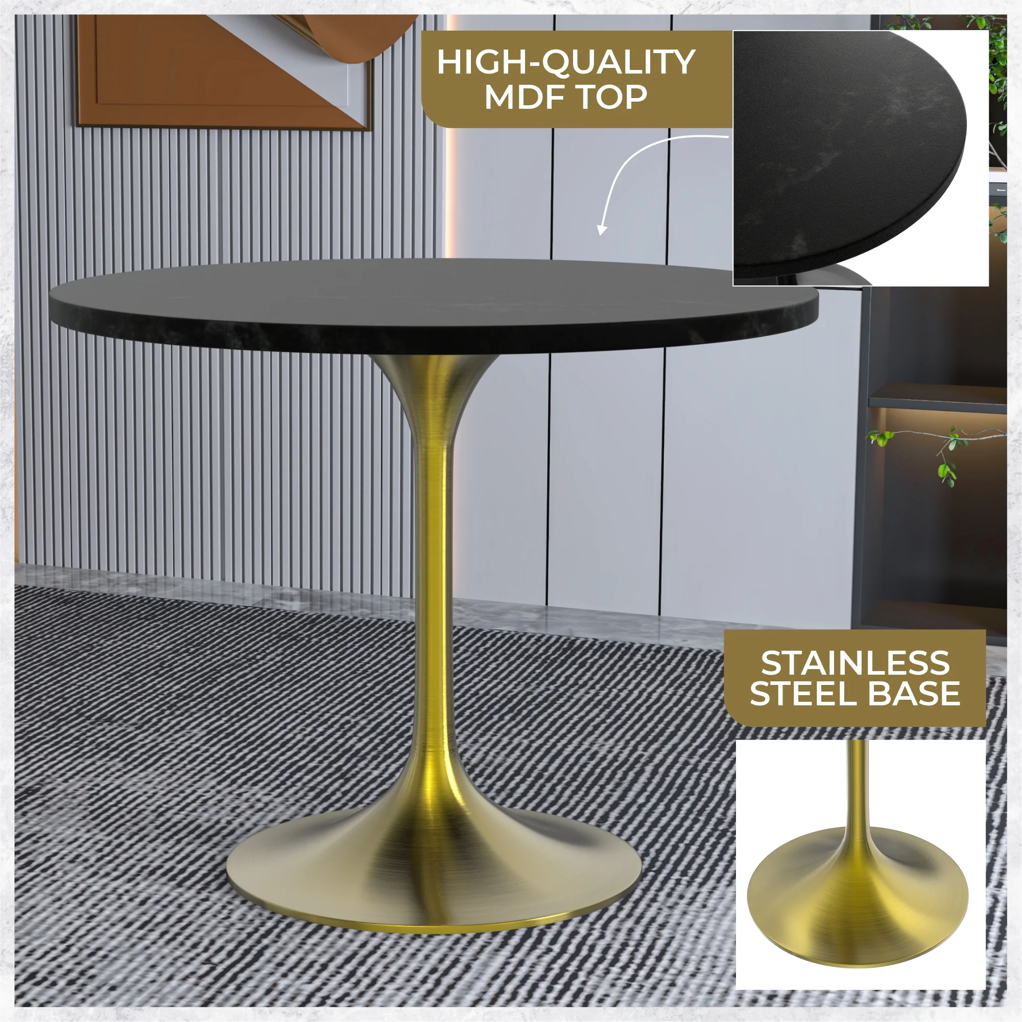 Verve Collection 36" Round Dining Table, Brushed Gold Base with Black MDF Top