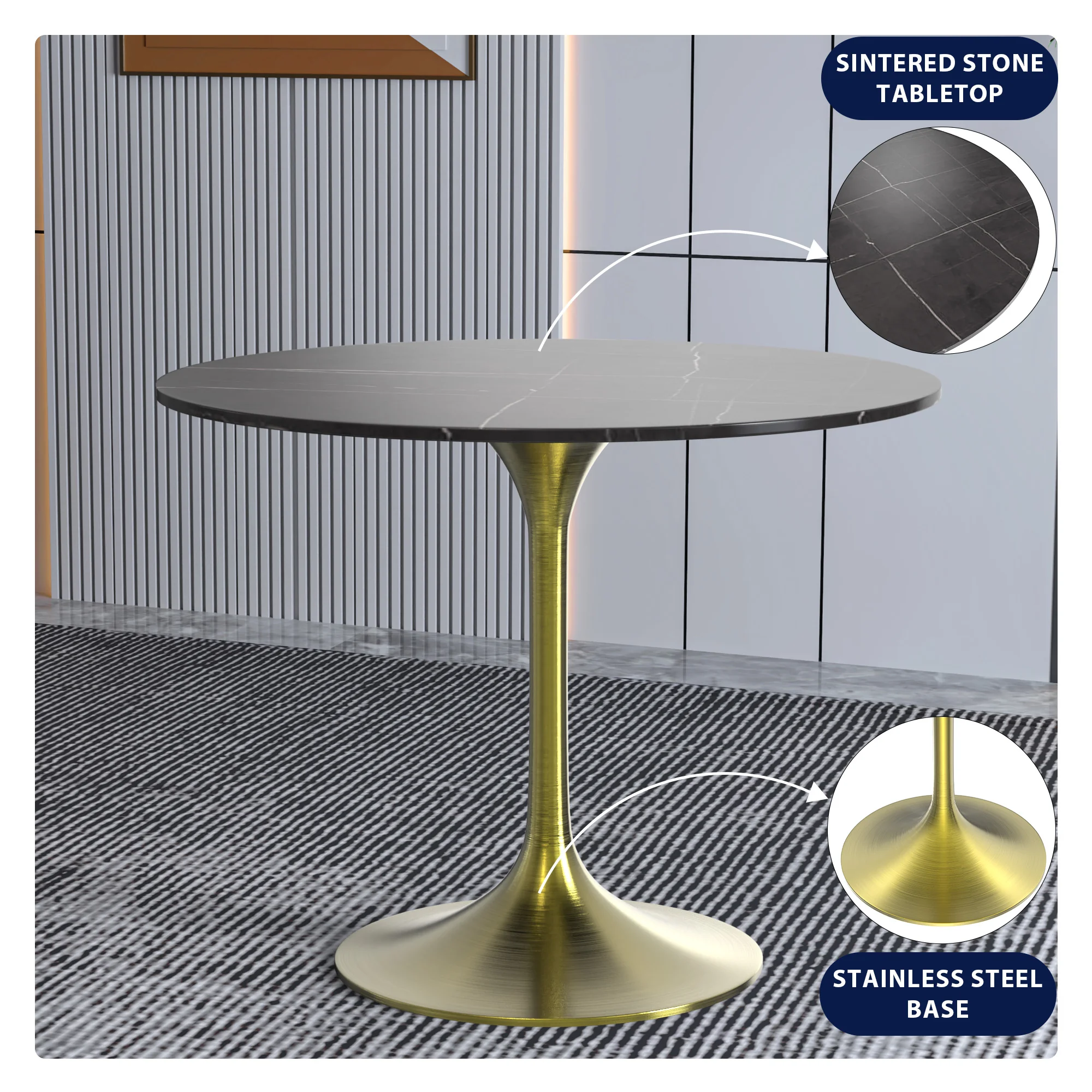 Verve Collection 36 Round Dining Table, Brushed Gold Base with Sintered Stone Black Top