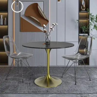 Verve Collection 36 Round Dining Table, Brushed Gold Base with Sintered Stone Black Top