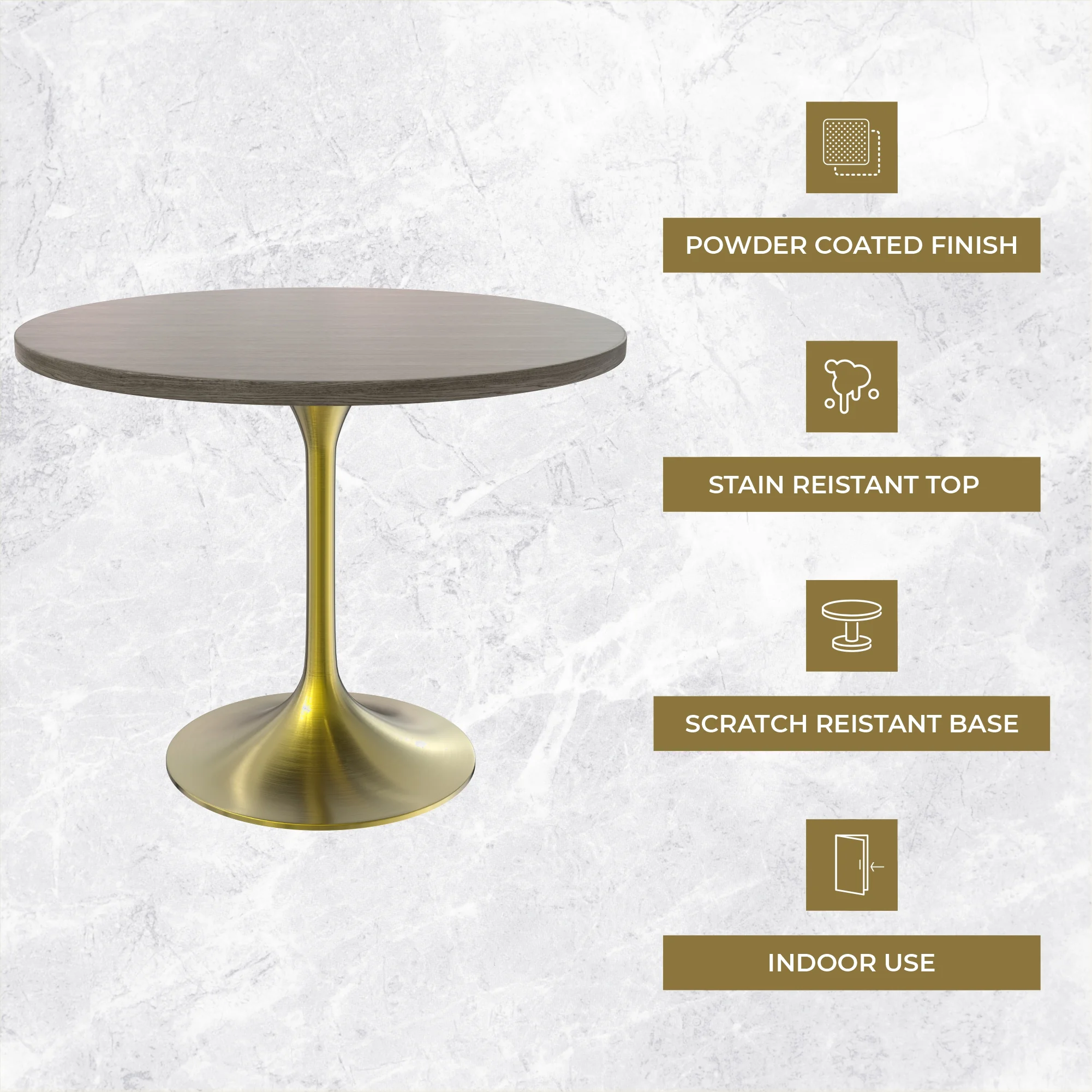 Verve Collection 36" Round Dining Table, Brushed Gold Base with Dark Maple MDF Top