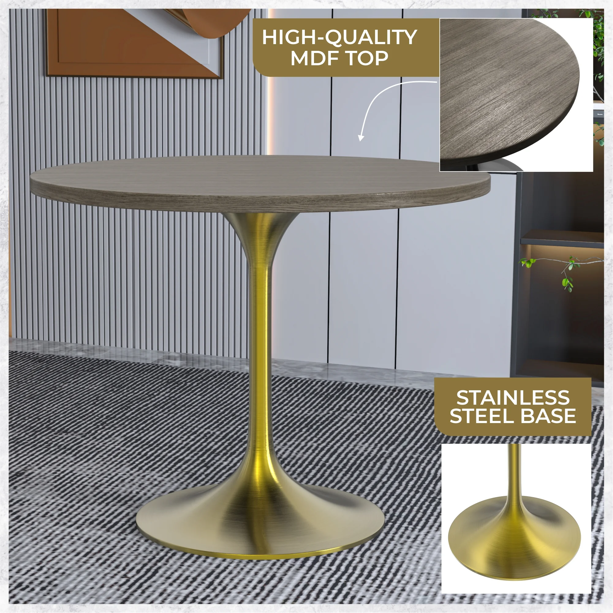 Verve Collection 36" Round Dining Table, Brushed Gold Base with Dark Maple MDF Top