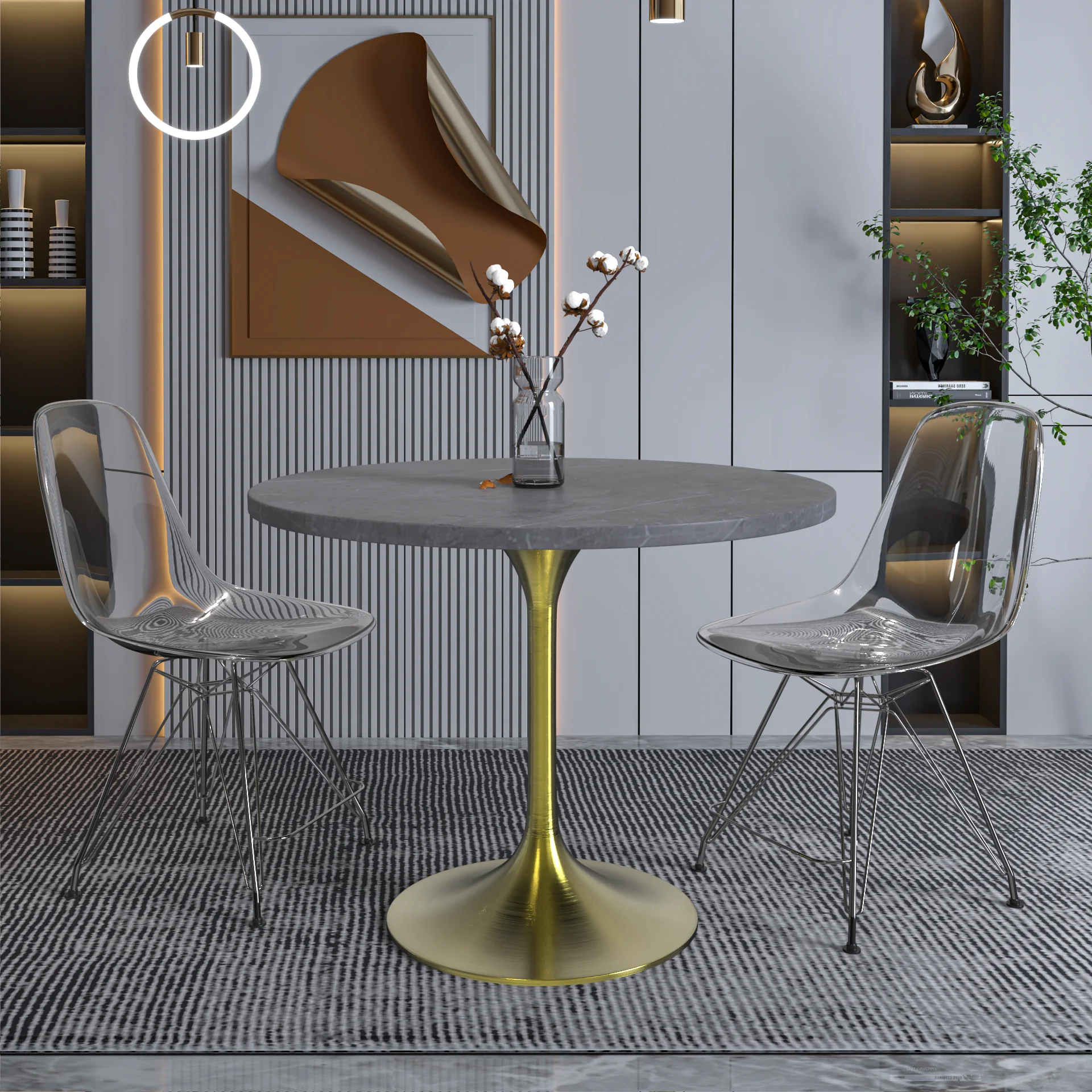 Verve Collection 36 Round Dining Table, Brushed Gold Base with Sintered Stone Grey Top