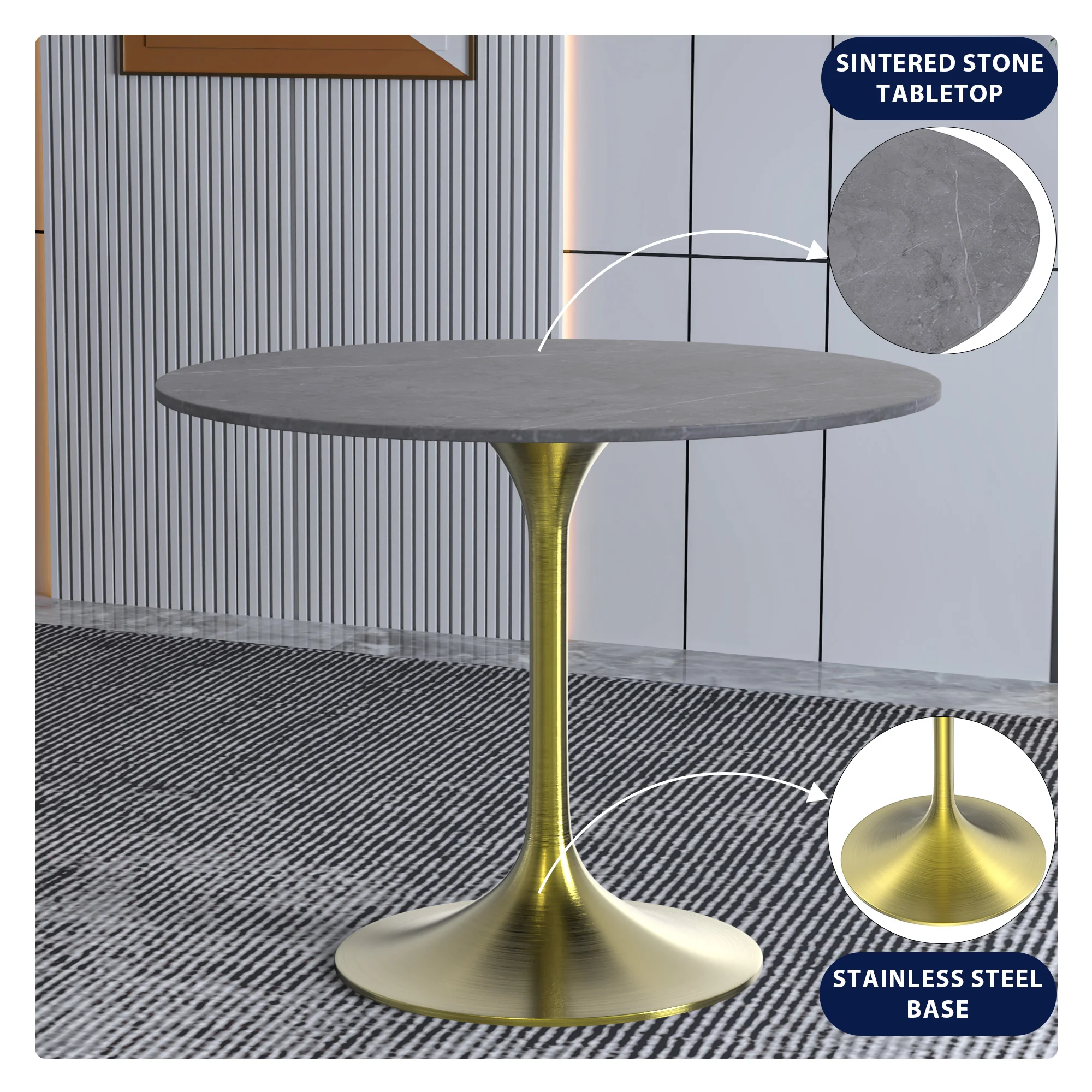 Verve Collection 36 Round Dining Table, Brushed Gold Base with Sintered Stone Grey Top