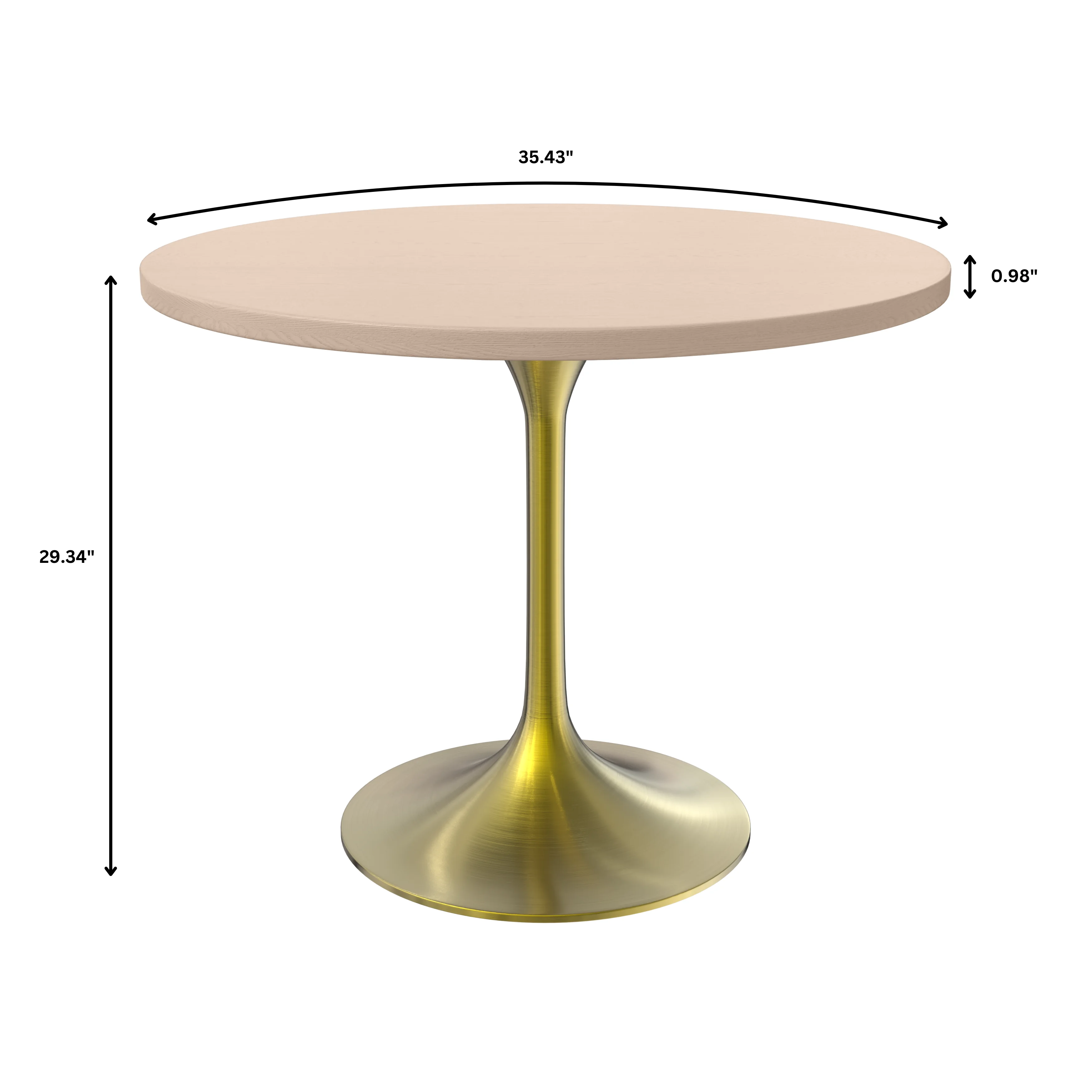 Verve Collection 36" Round Dining Table, Brushed Gold Base with Light Natural Wood MDF Top