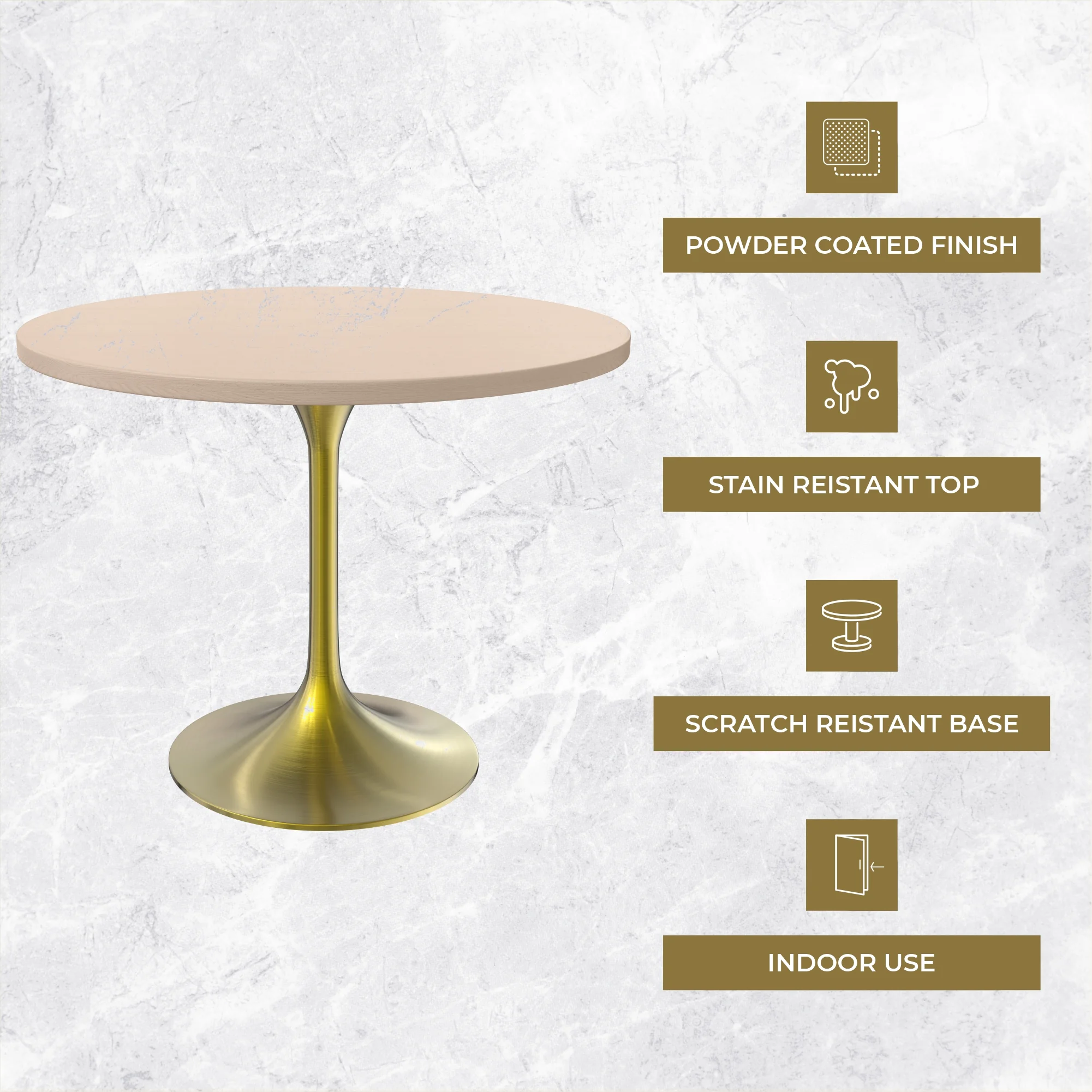 Verve Collection 36" Round Dining Table, Brushed Gold Base with Light Natural Wood MDF Top