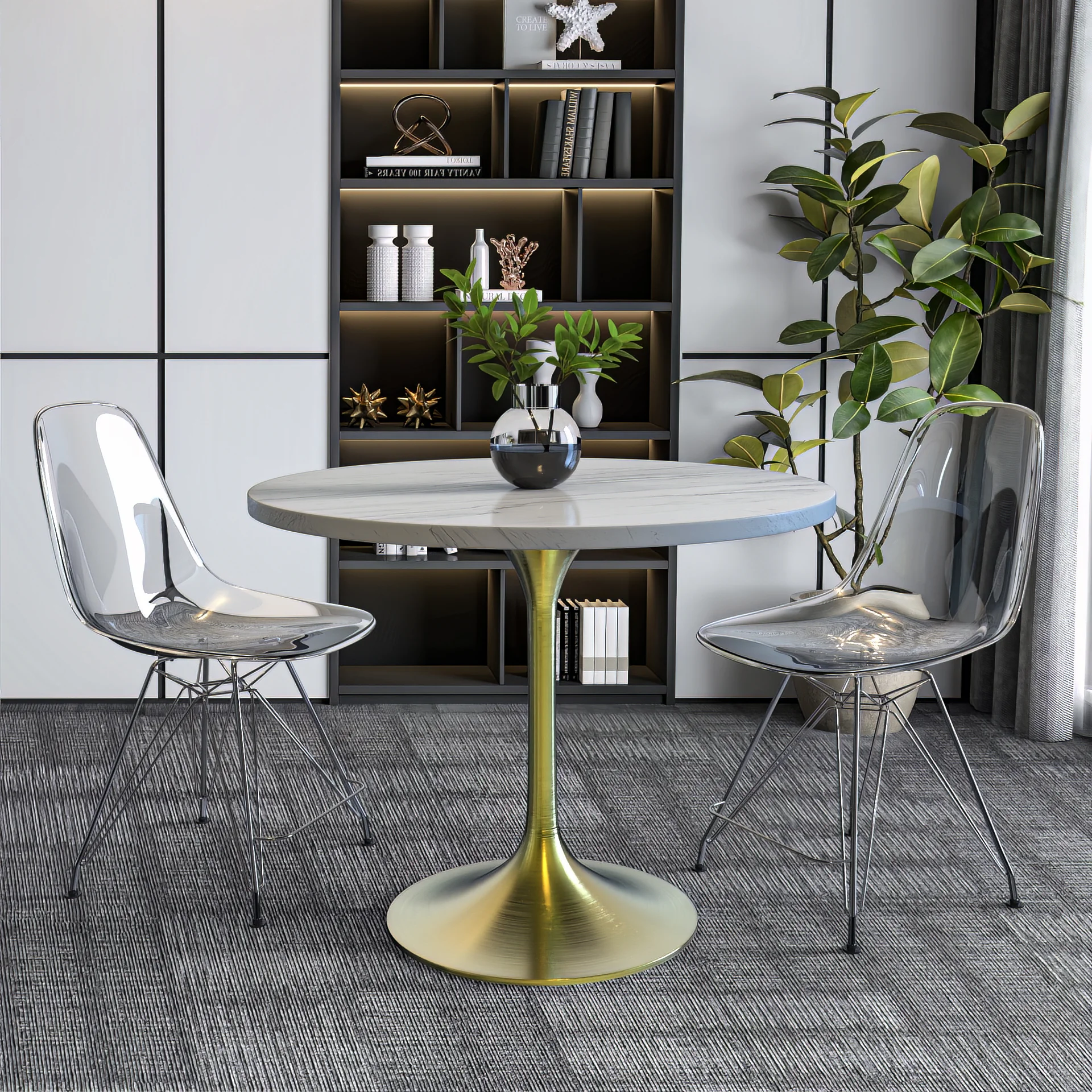 Verve Collection 36 Round Dining Table, Brushed Gold Base with Laminated White Marbleized Top