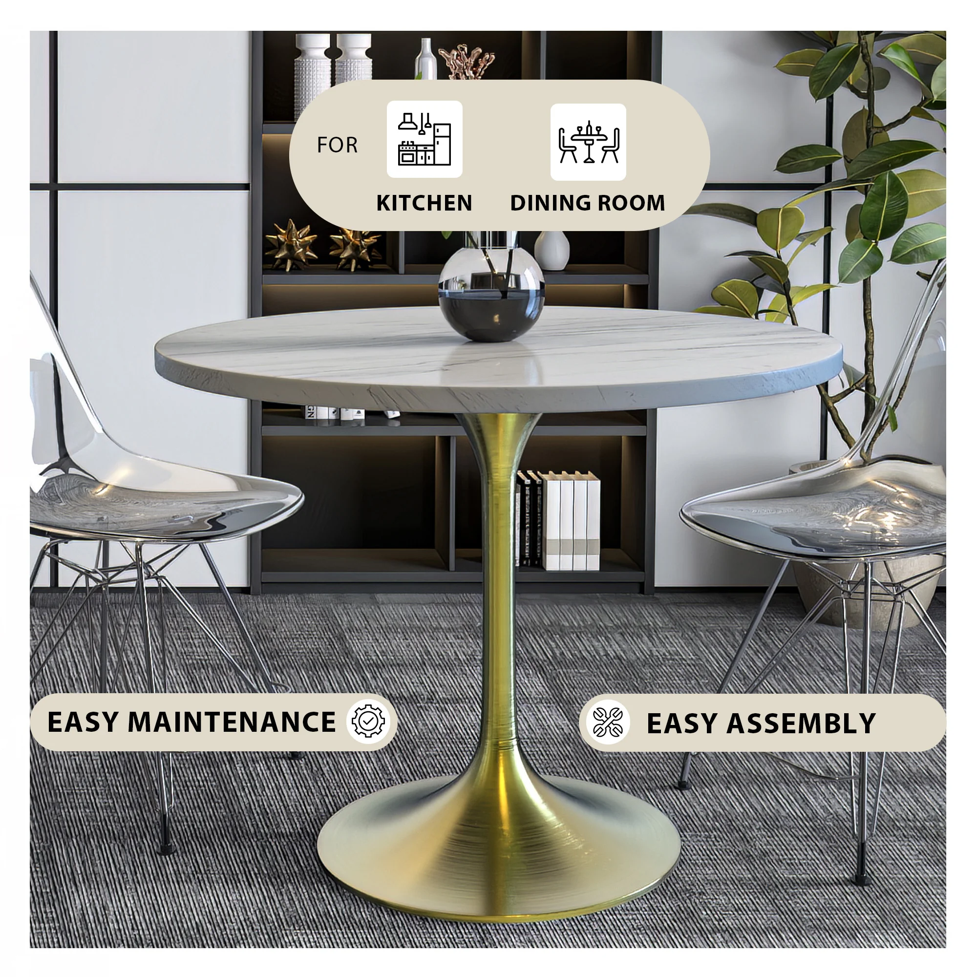 Verve Collection 36 Round Dining Table, Brushed Gold Base with Laminated White Marbleized Top