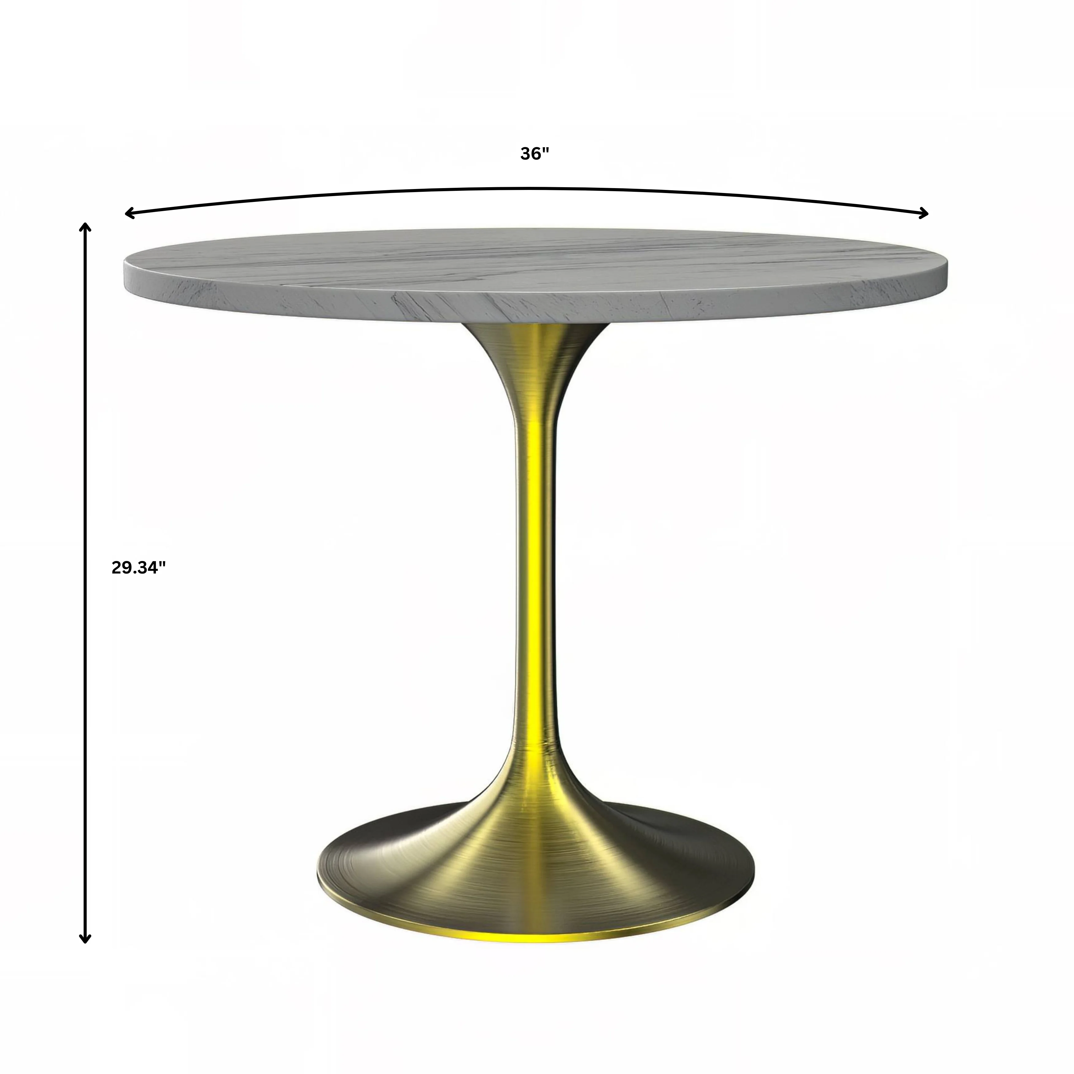 Verve Collection 36 Round Dining Table, Brushed Gold Base with Laminated White Marbleized Top