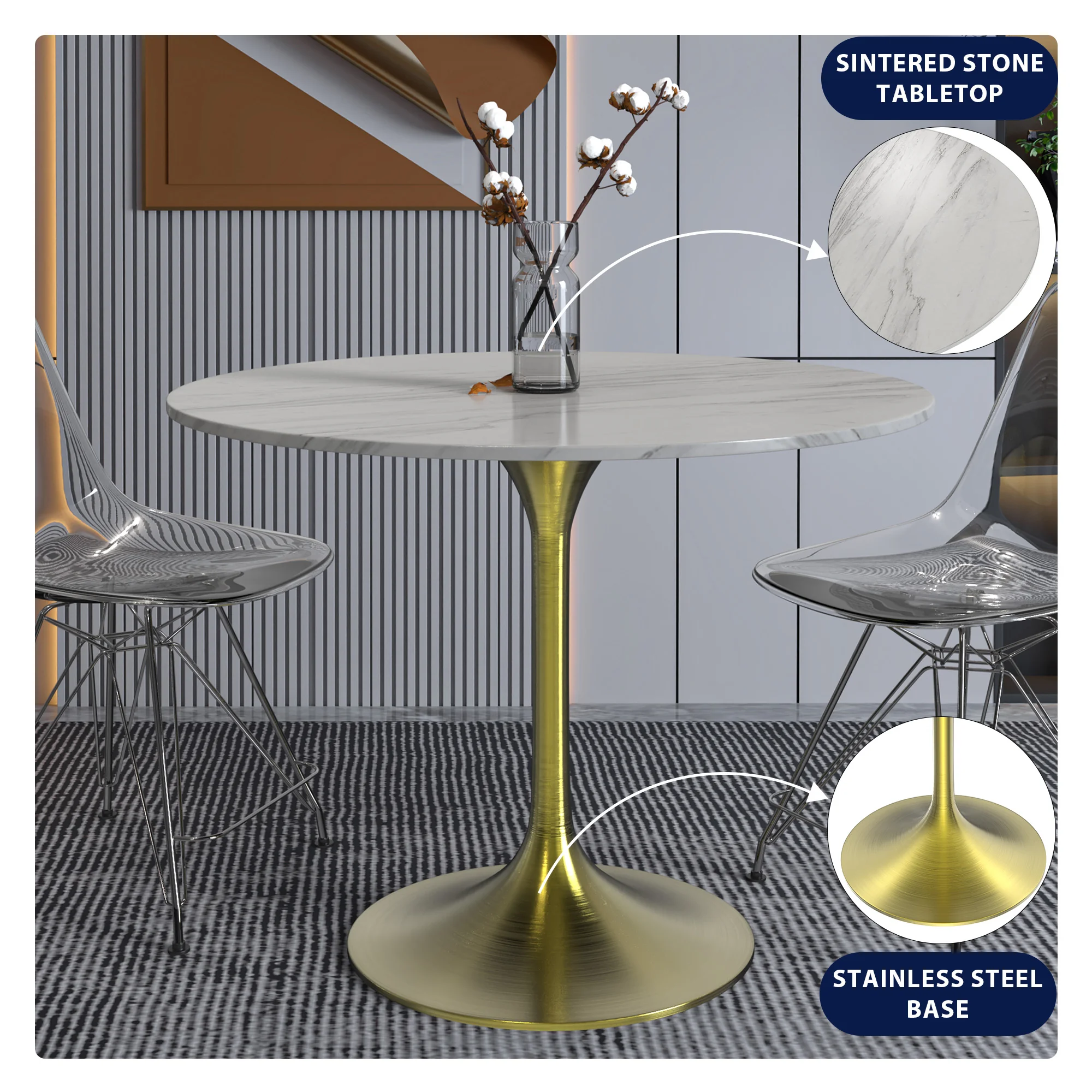 Verve Collection 36 Round Dining Table, Brushed Gold Base with Sintered Stone White Top