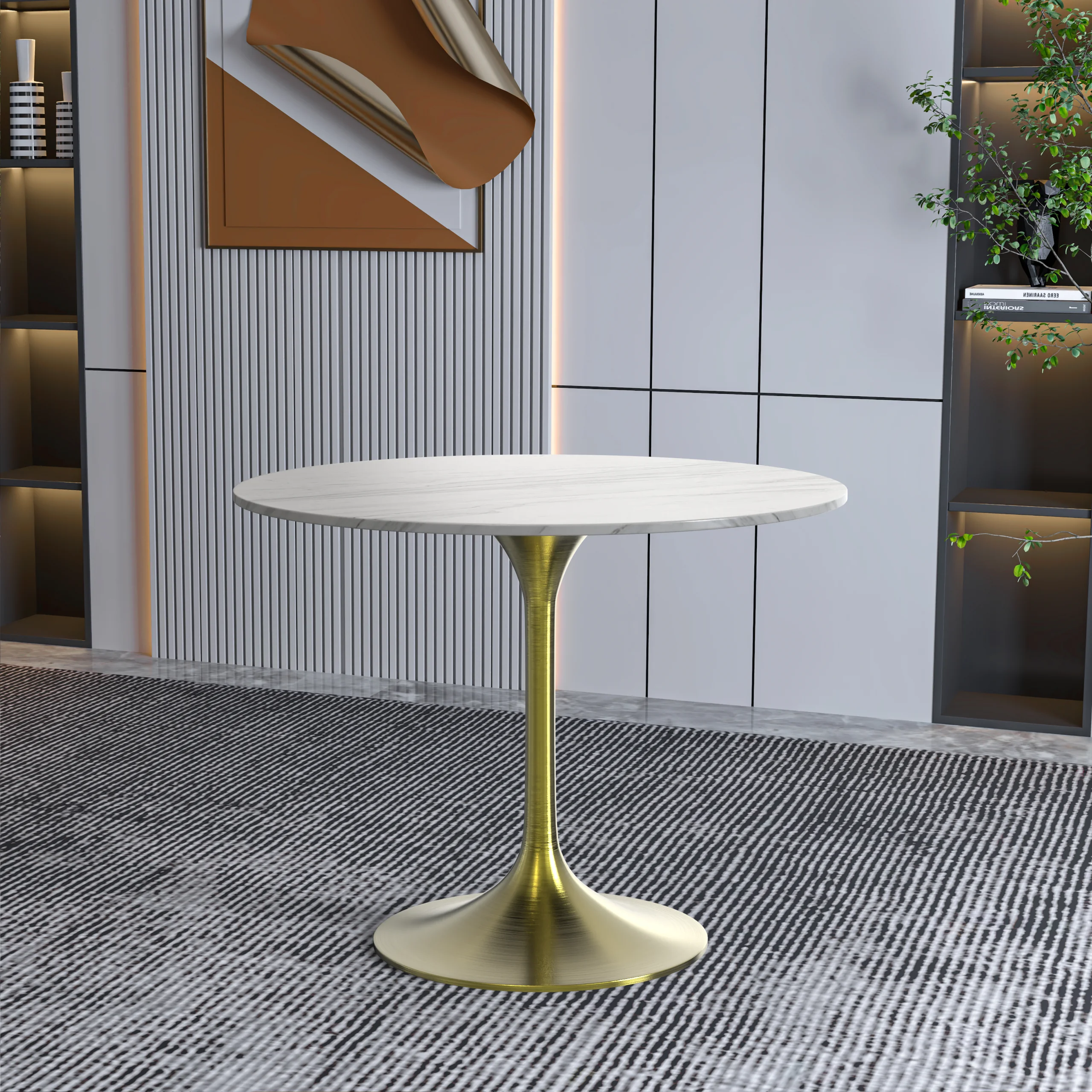 Verve Collection 36 Round Dining Table, Brushed Gold Base with Sintered Stone White Top