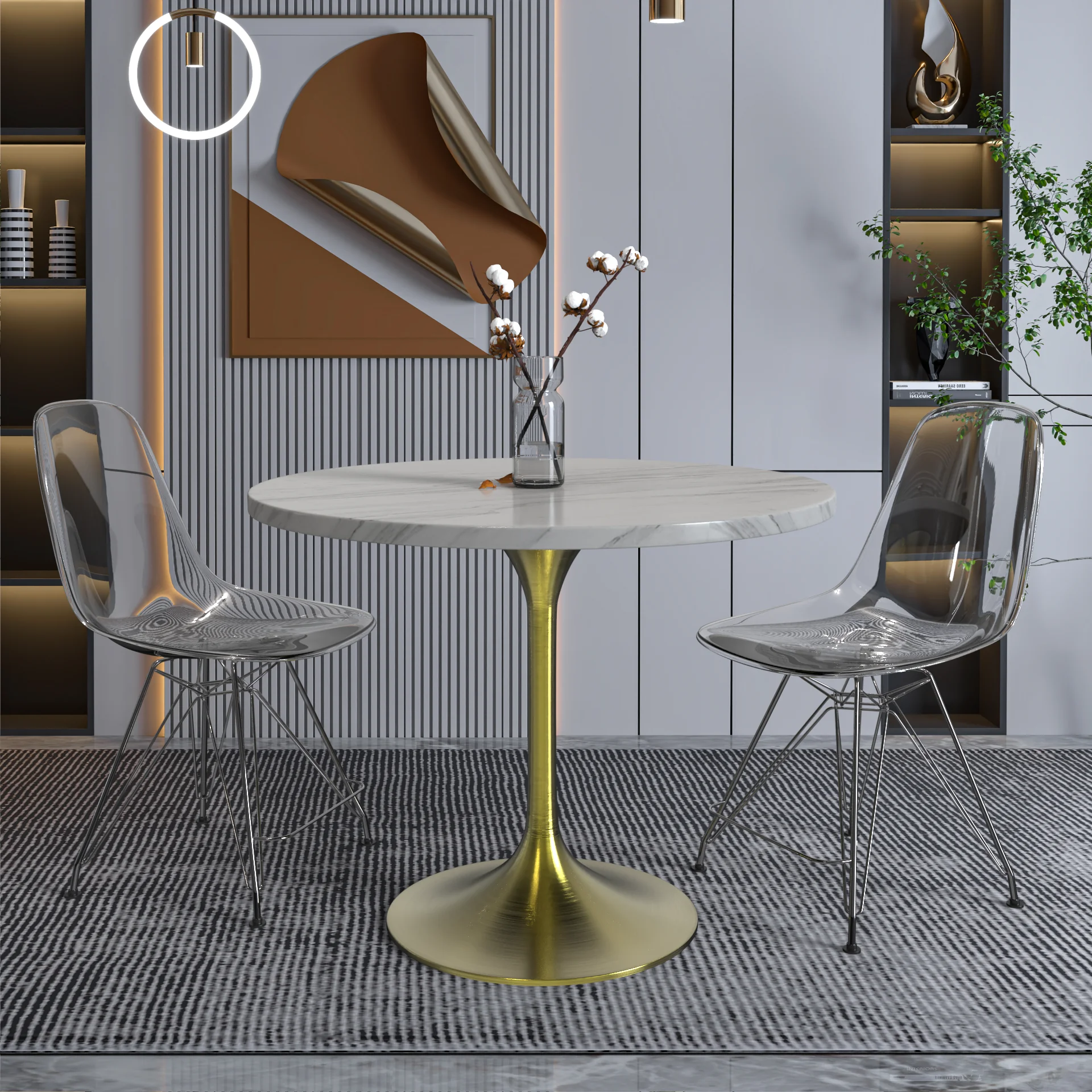 Verve Collection 36 Round Dining Table, Brushed Gold Base with Sintered Stone White Top