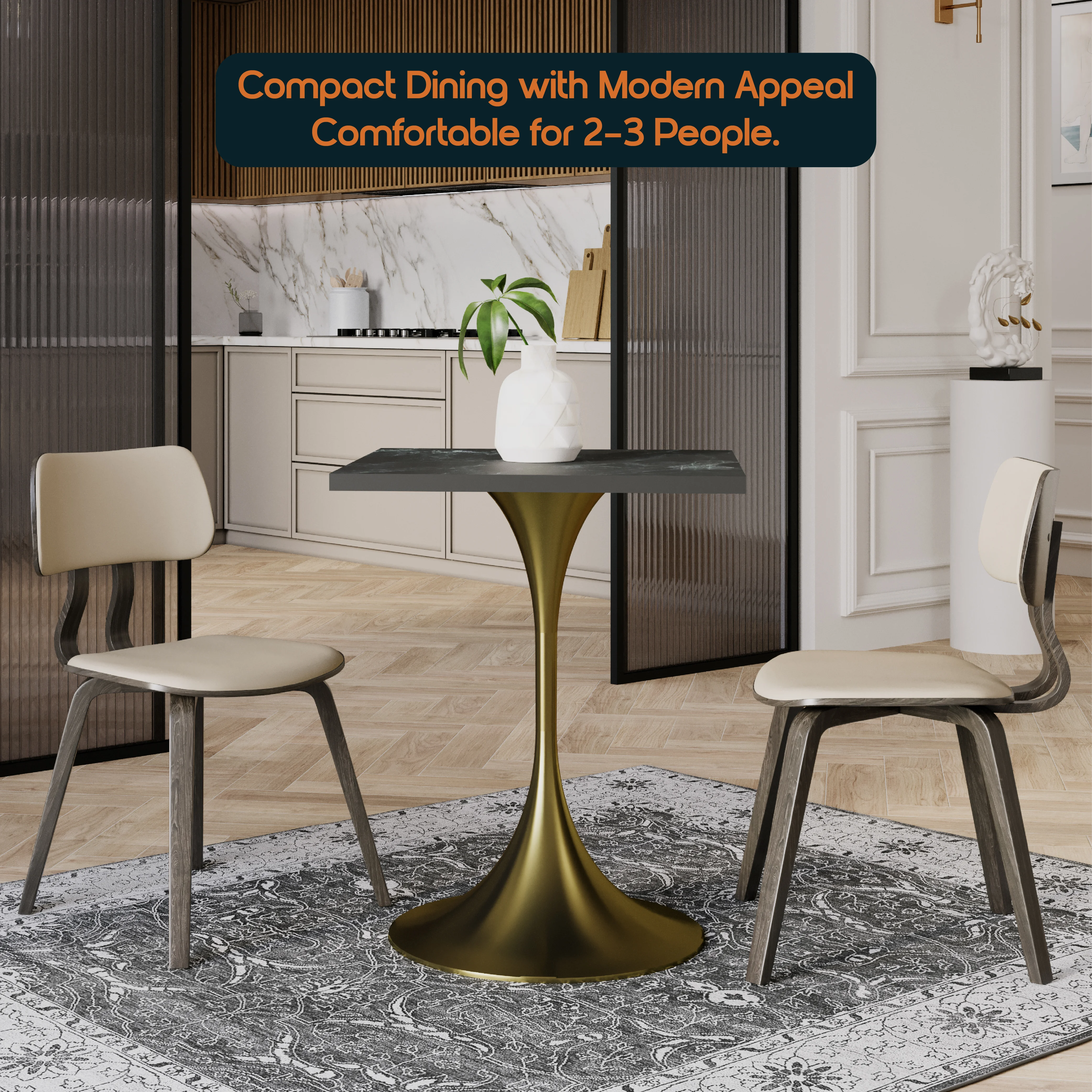 Verve Collection 24 Square Dining Table, Brushed Gold Base with Black MDF Top