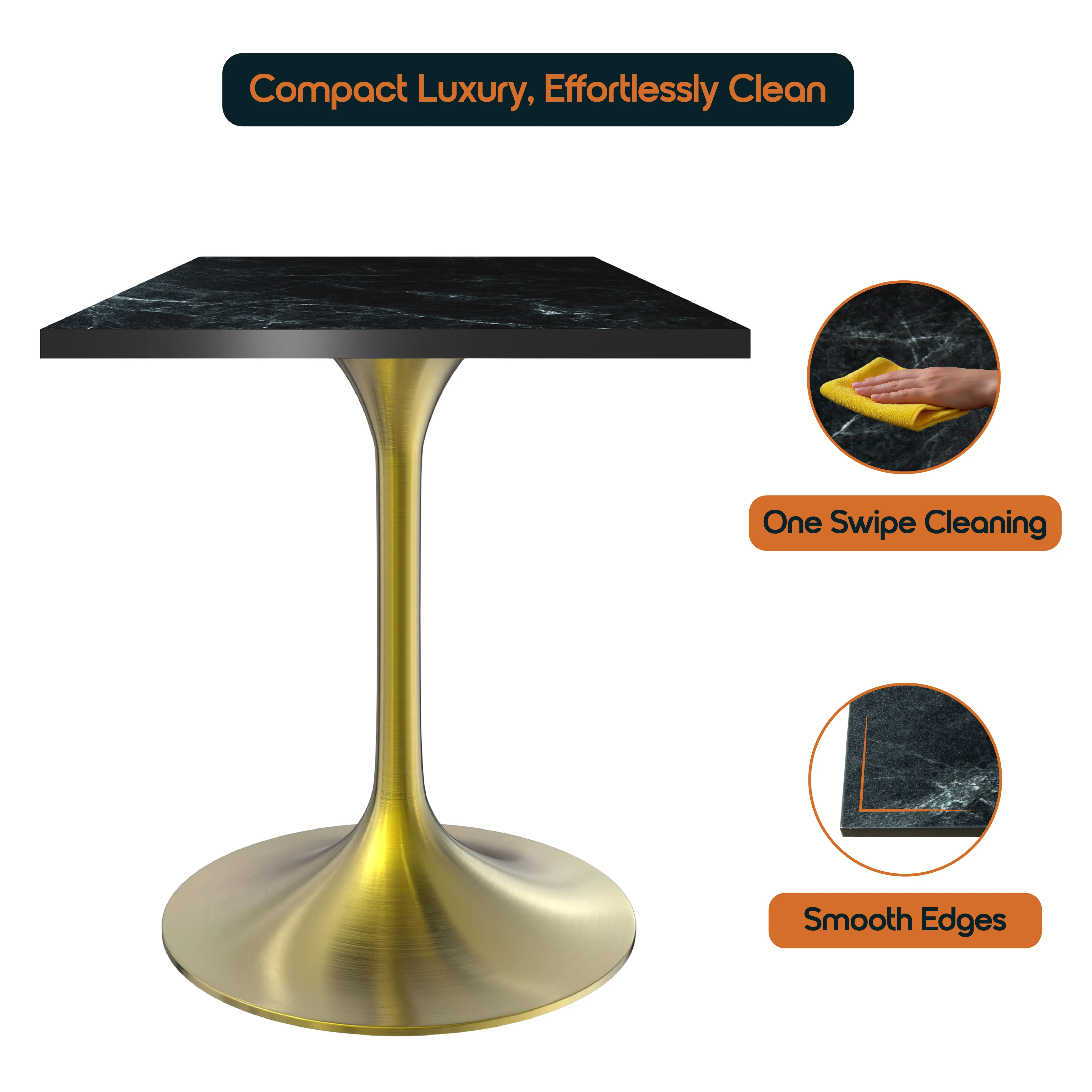 Verve Collection 24 Square Dining Table, Brushed Gold Base with Black MDF Top