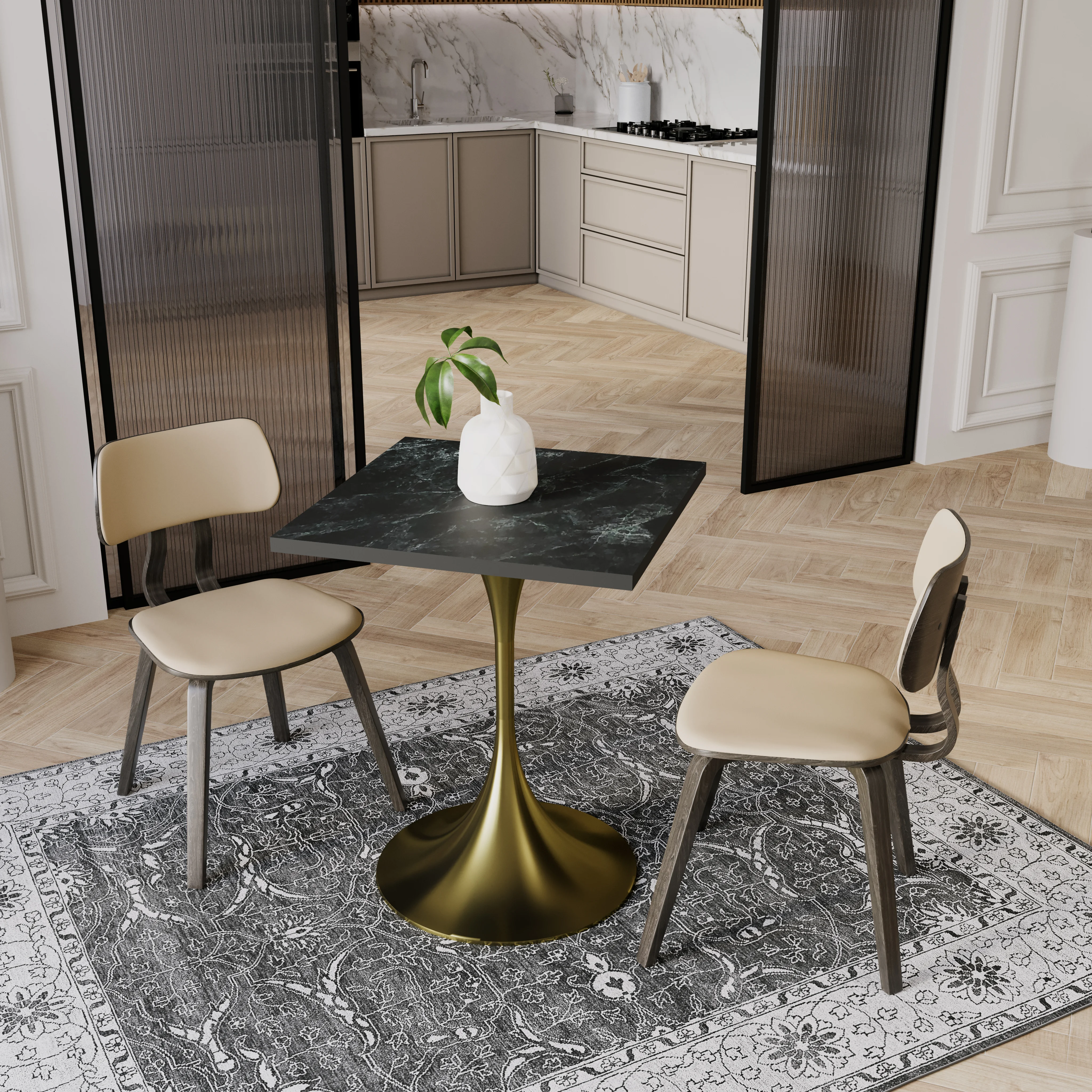 Verve Collection 24 Square Dining Table, Brushed Gold Base with Black MDF Top