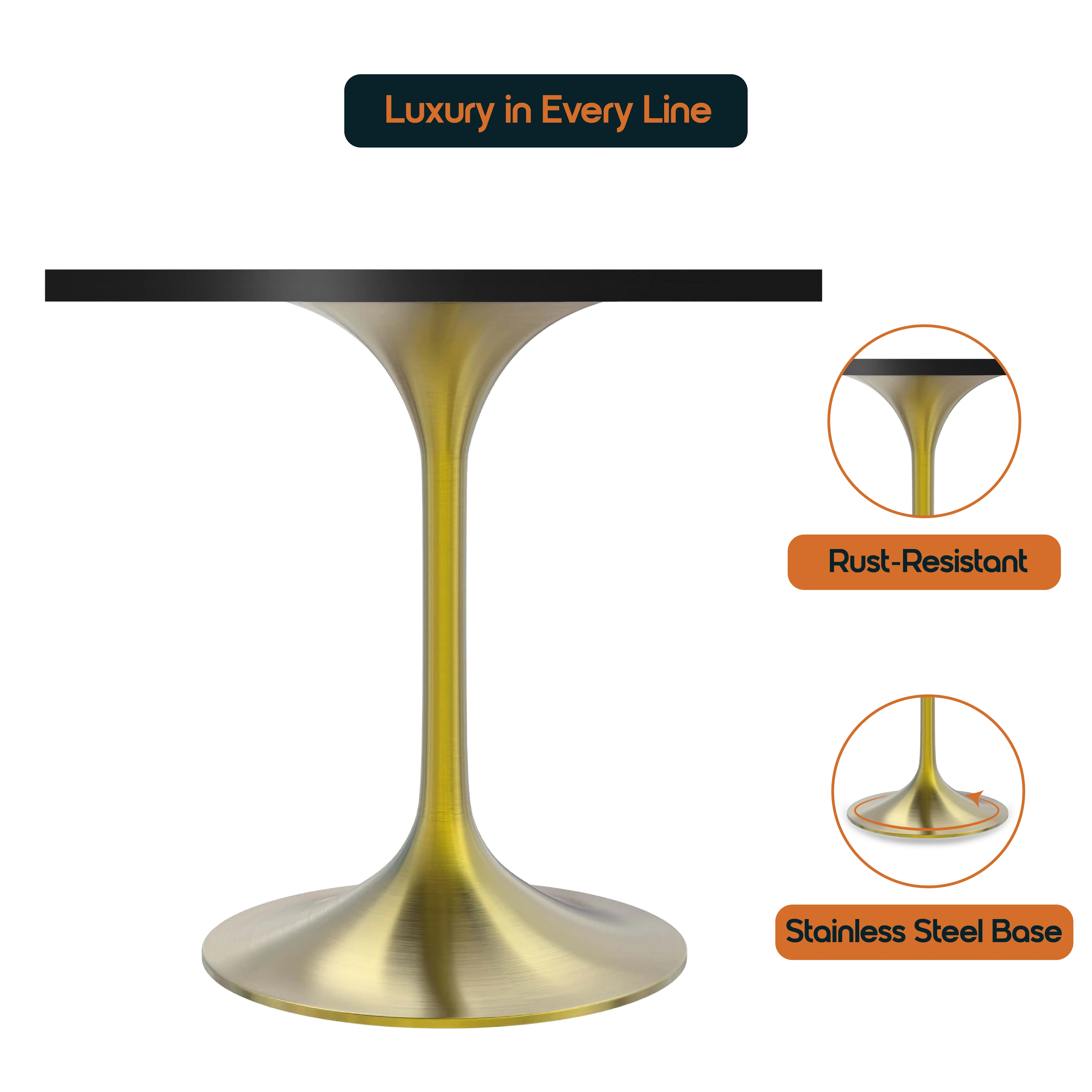 Verve Collection 24 Square Dining Table, Brushed Gold Base with Black MDF Top