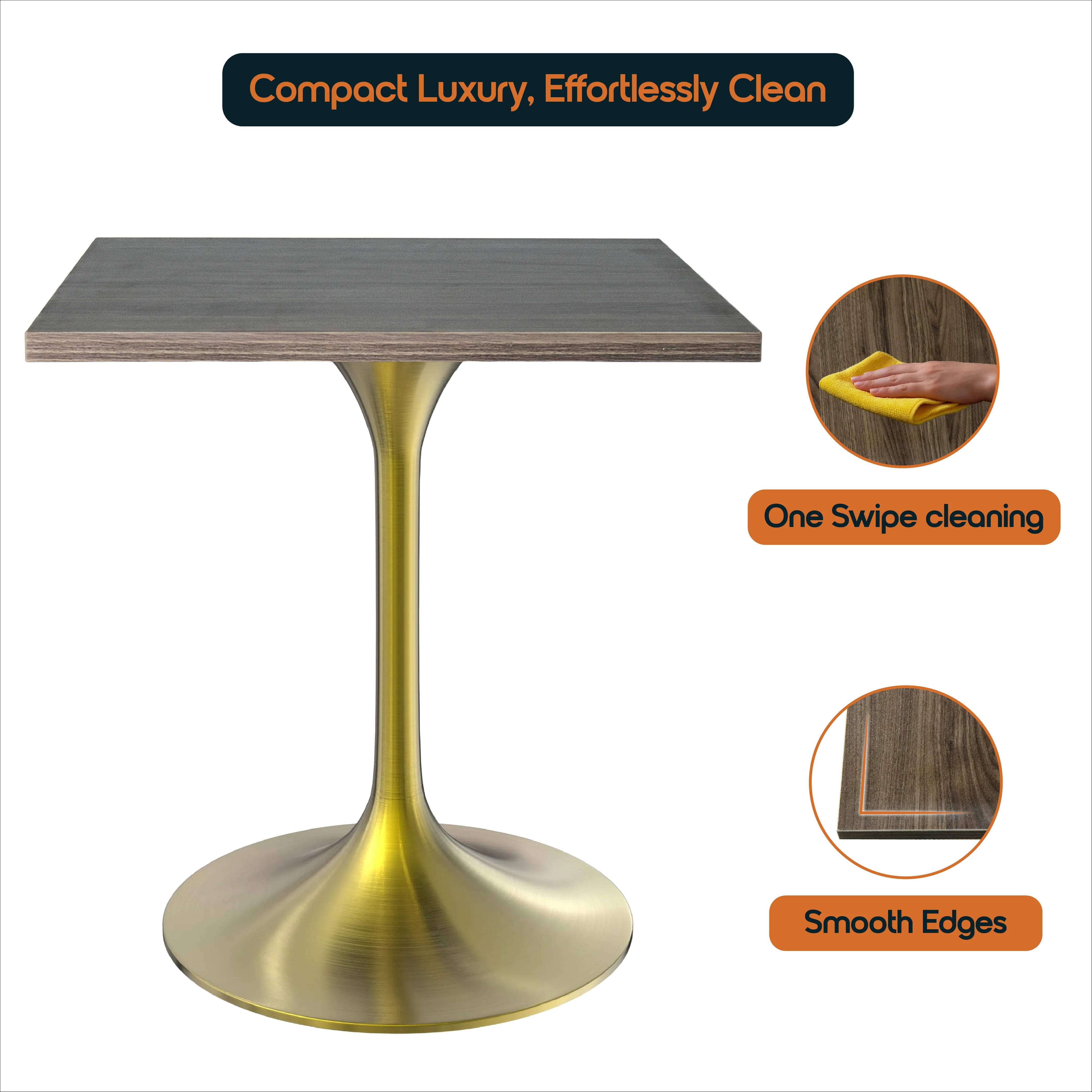 Verve Collection 24 Square Dining Table, Brushed Gold Base with Dark Maple MDF Top