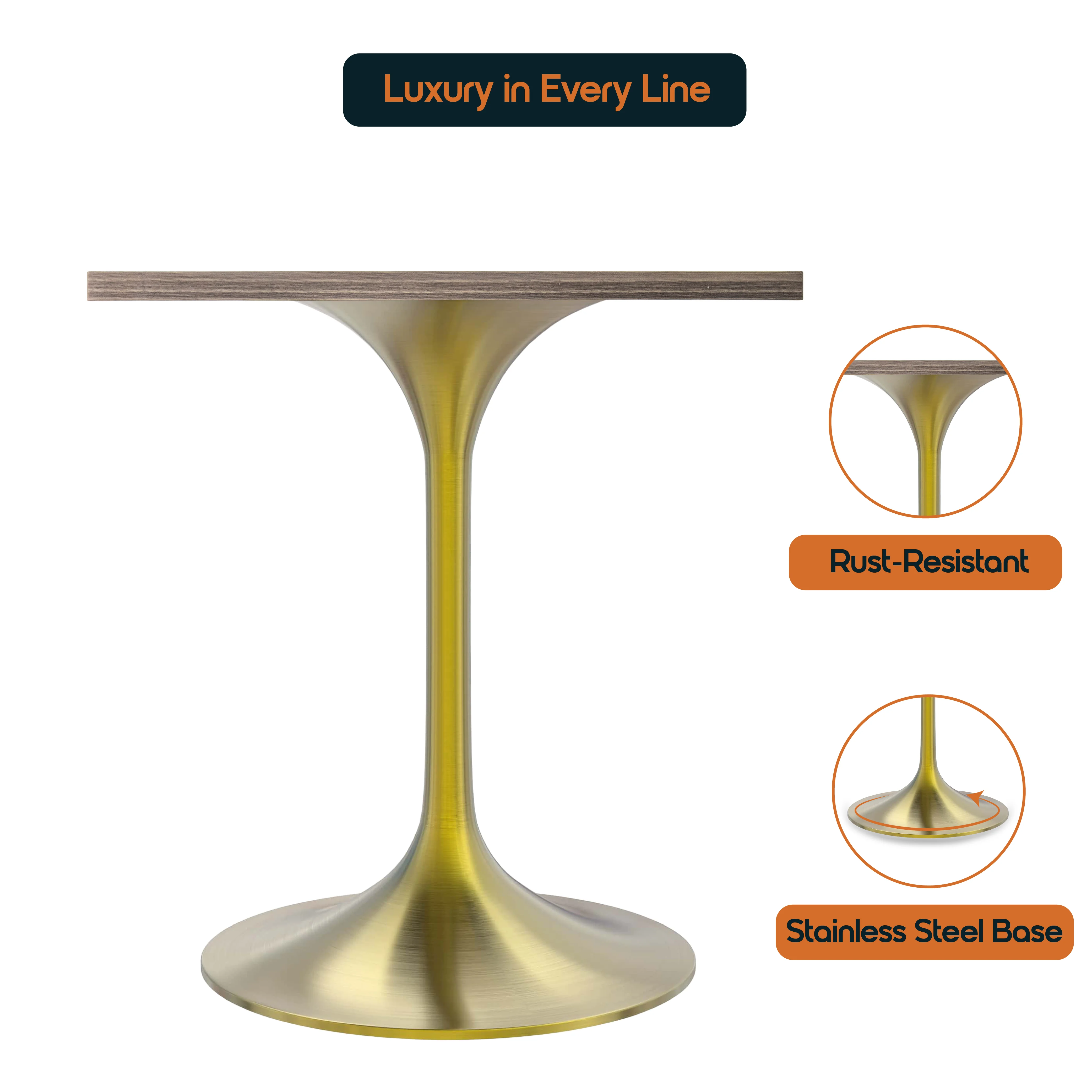 Verve Collection 24 Square Dining Table, Brushed Gold Base with Dark Maple MDF Top