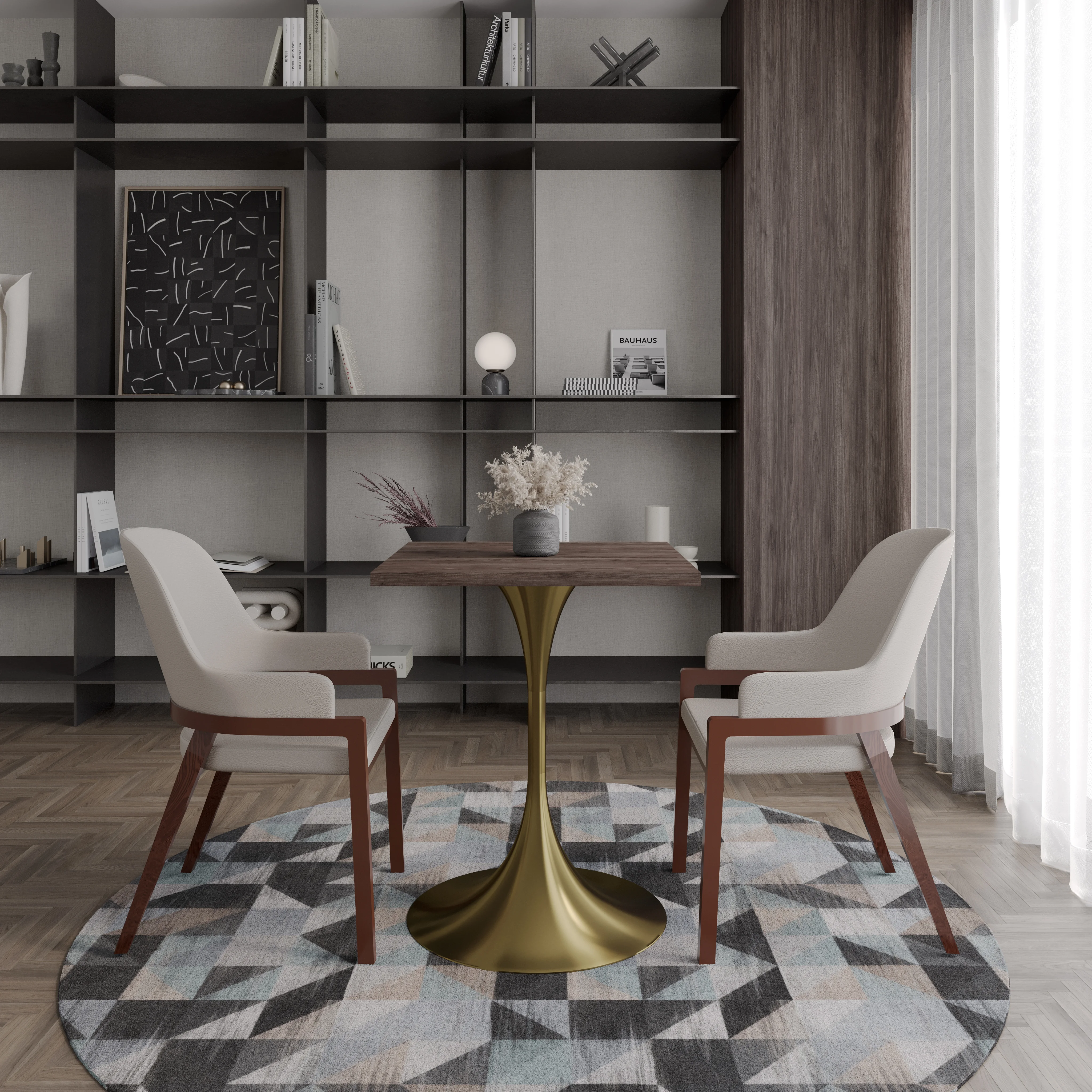 Verve Collection 24 Square Dining Table, Brushed Gold Base with Dark Maple MDF Top