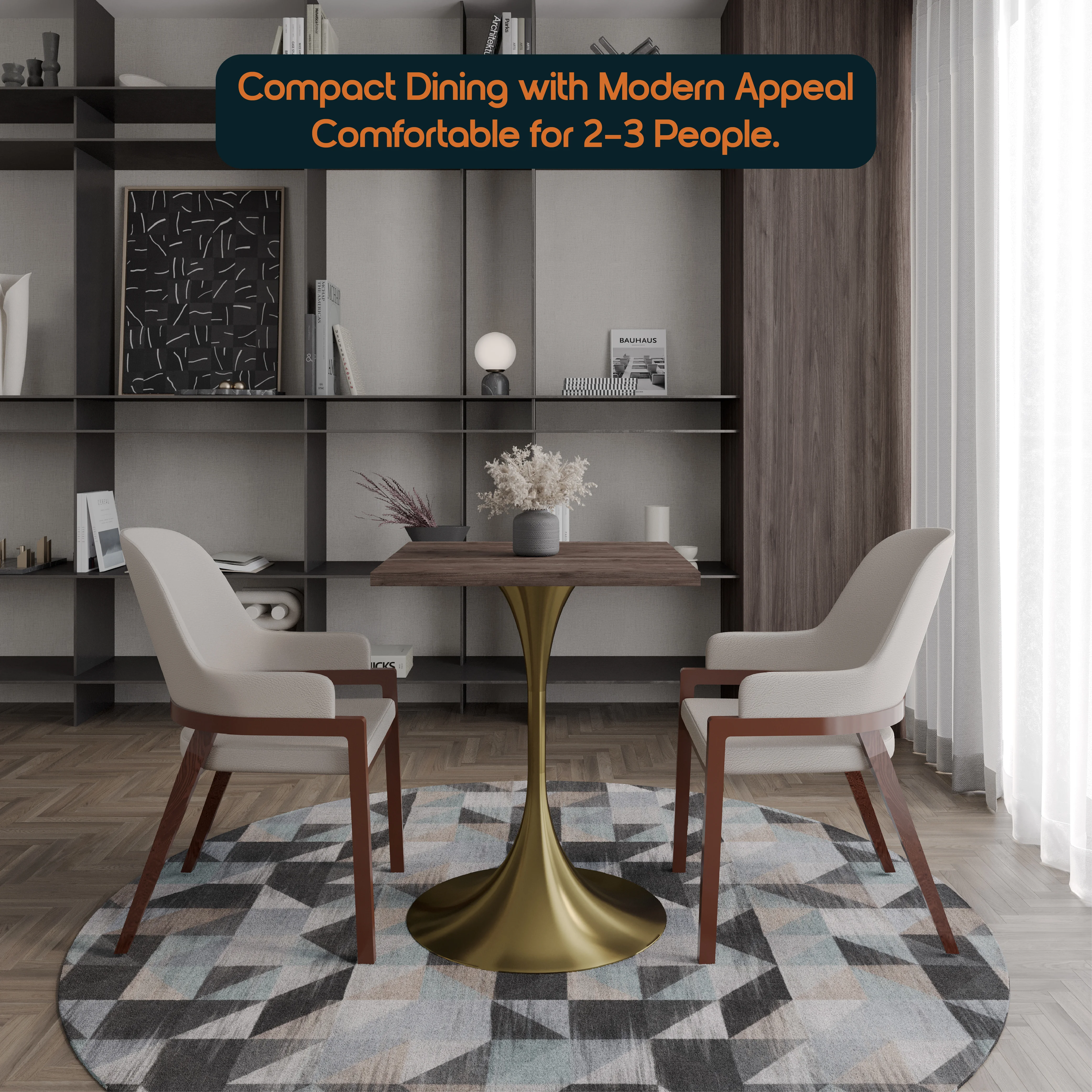 Verve Collection 24 Square Dining Table, Brushed Gold Base with Dark Maple MDF Top