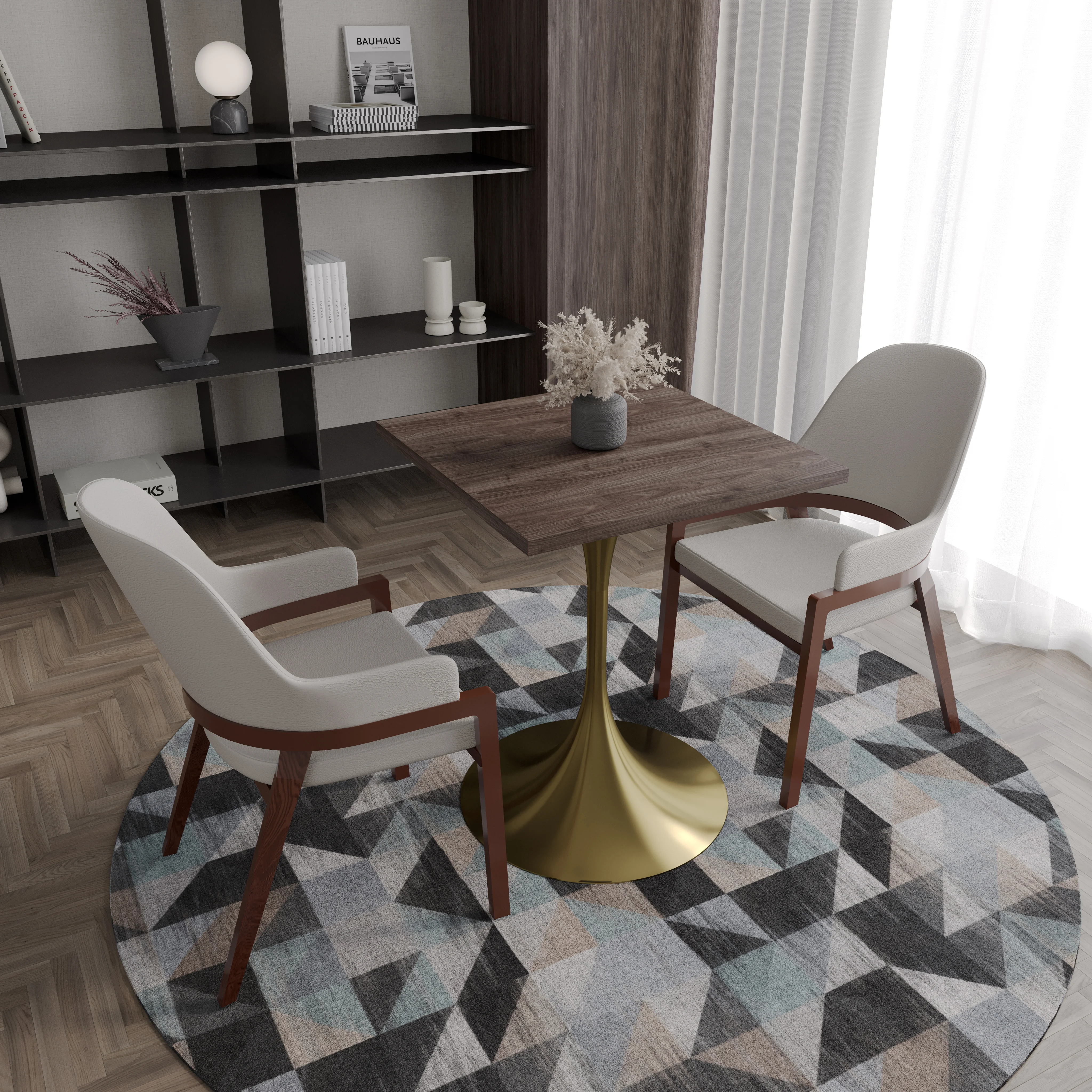 Verve Collection 24 Square Dining Table, Brushed Gold Base with Dark Maple MDF Top