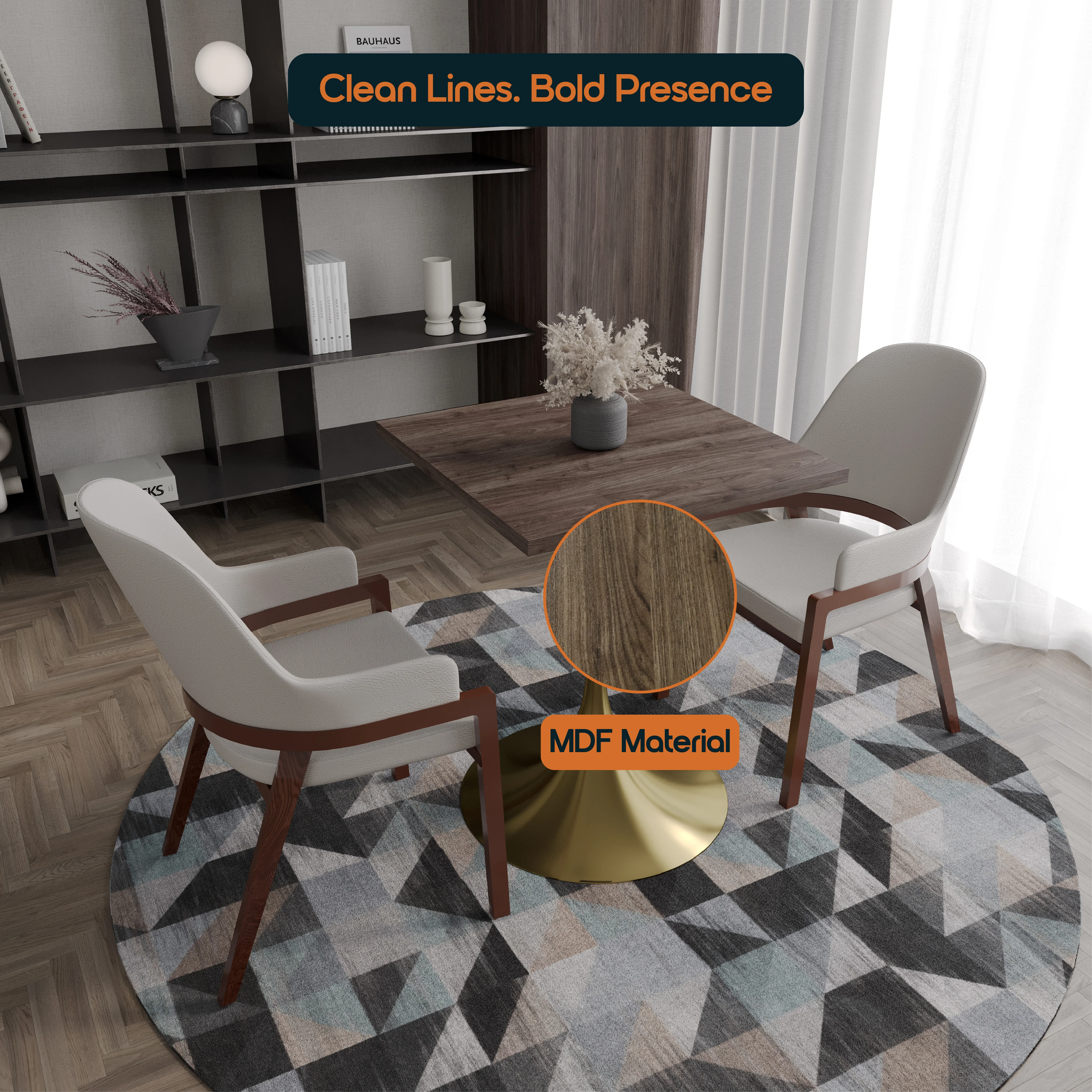 Verve Collection 24 Square Dining Table, Brushed Gold Base with Dark Maple MDF Top