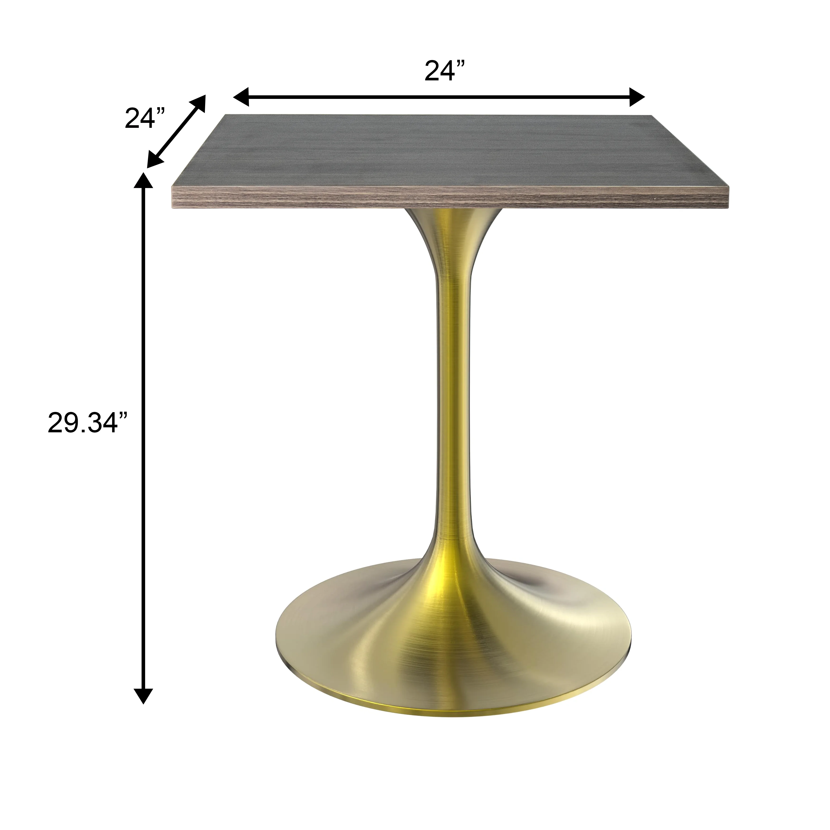 Verve Collection 24 Square Dining Table, Brushed Gold Base with Dark Maple MDF Top