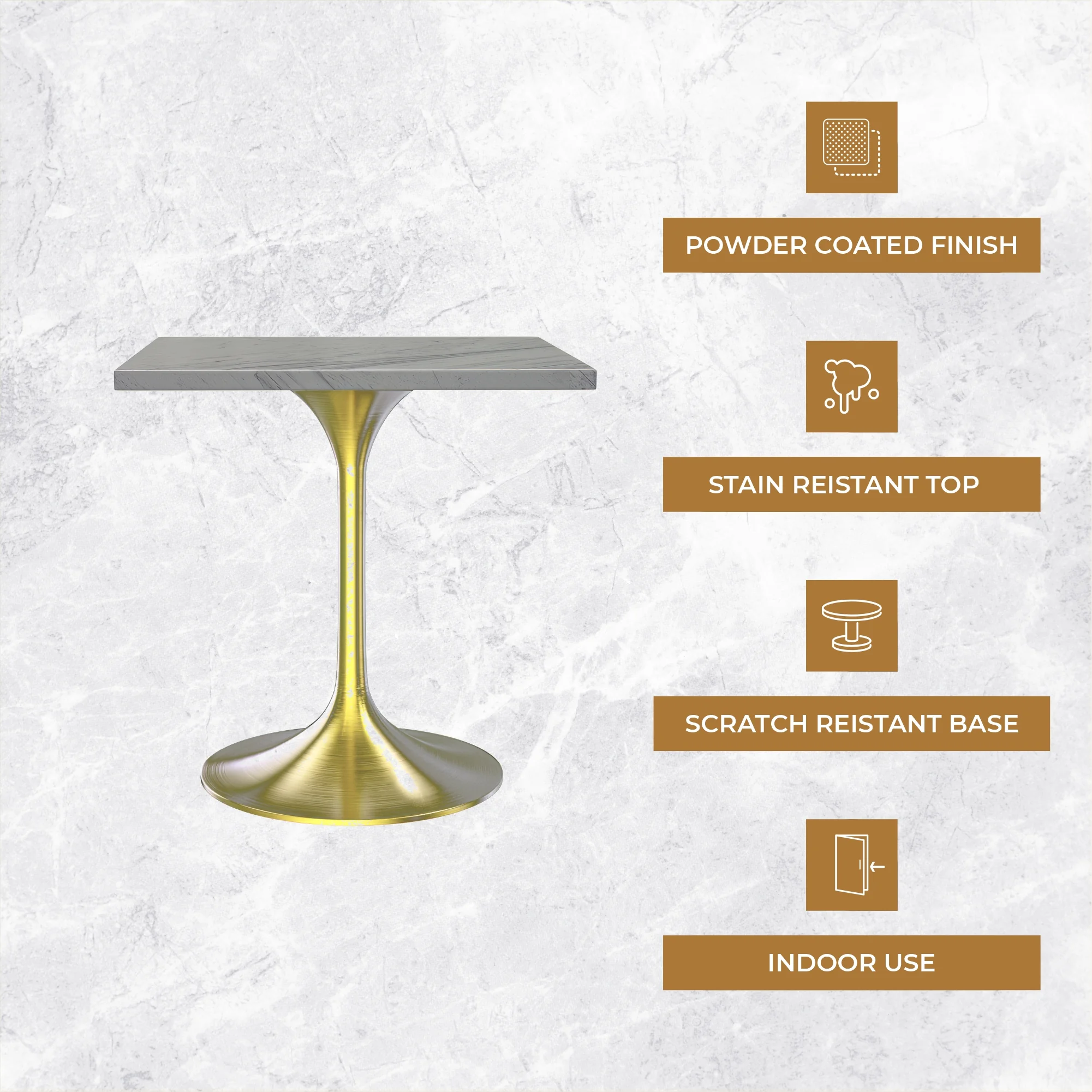 Verve Collection 27" Square Dining Table, Brushed Gold Base with Laminated White Marbleized Top