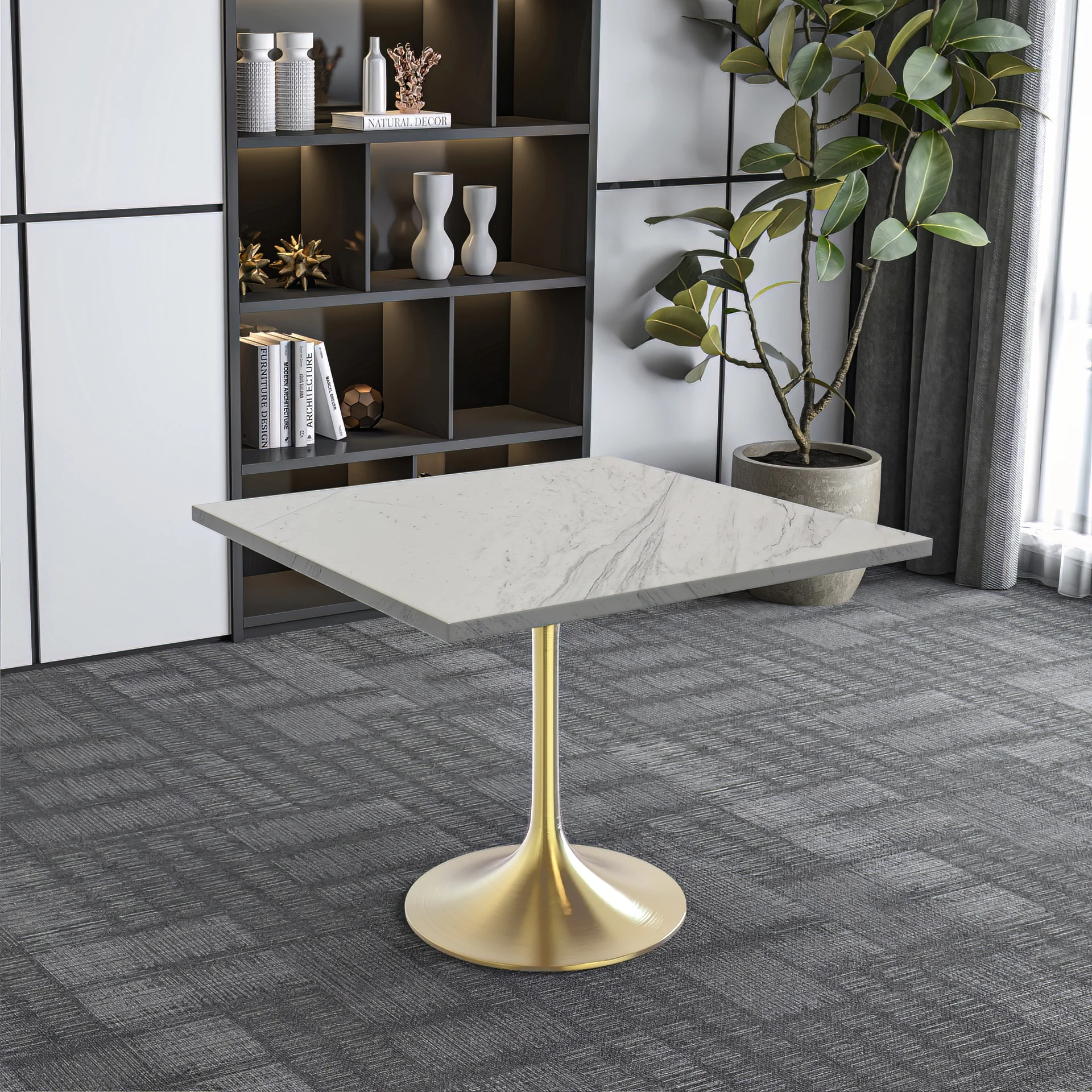 Verve Collection 36" Square Dining Table, Brushed Gold Base with Laminated White Marbleized Top
