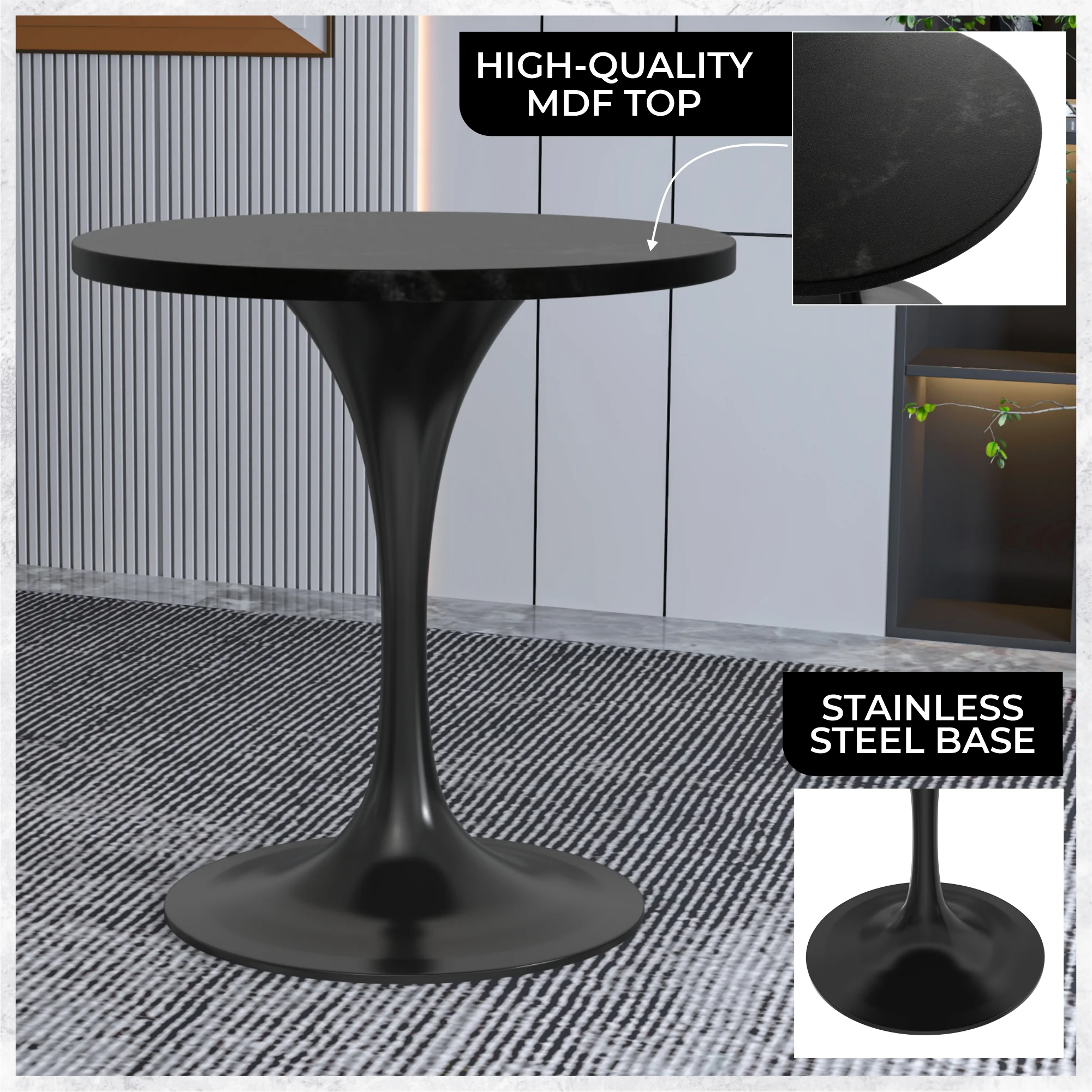 Verve Collection 27 Round Dining Table, Black Base with Black MDF Top