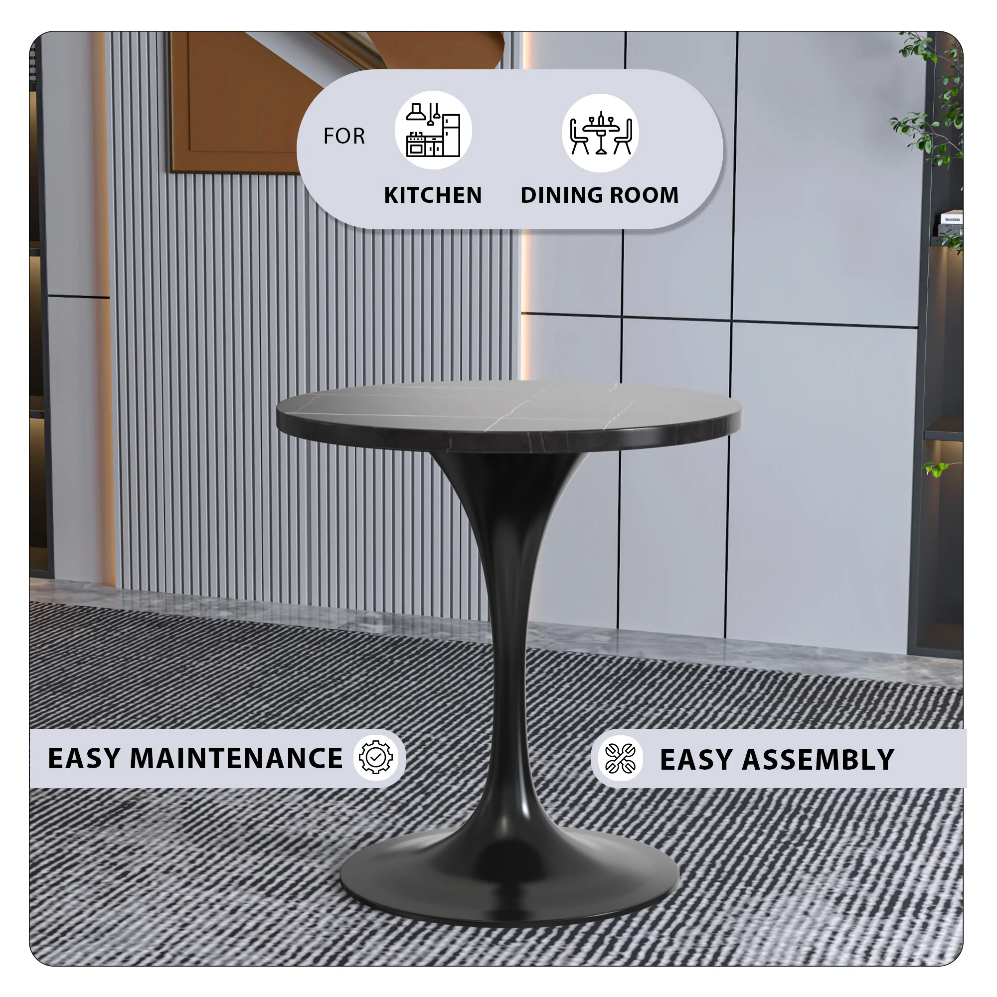 Verve Collection 27 Round Dining Table, Black Base with Sintered Stone Black Top