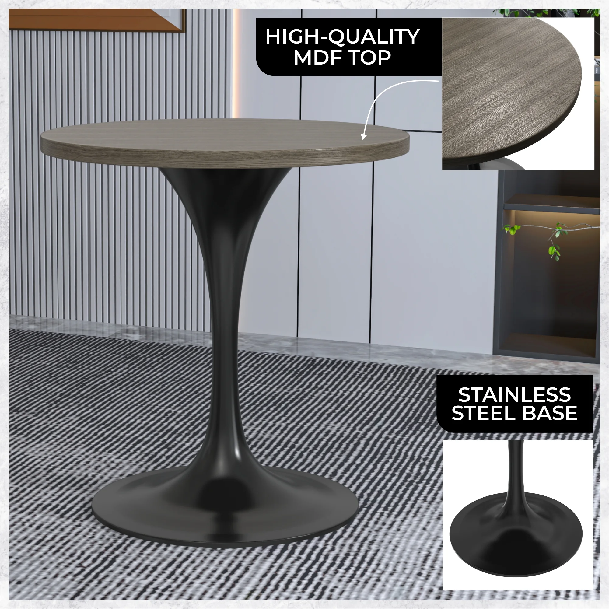 Verve Collection 27 Round Dining Table, Black Base with Dark Maple MDF Top