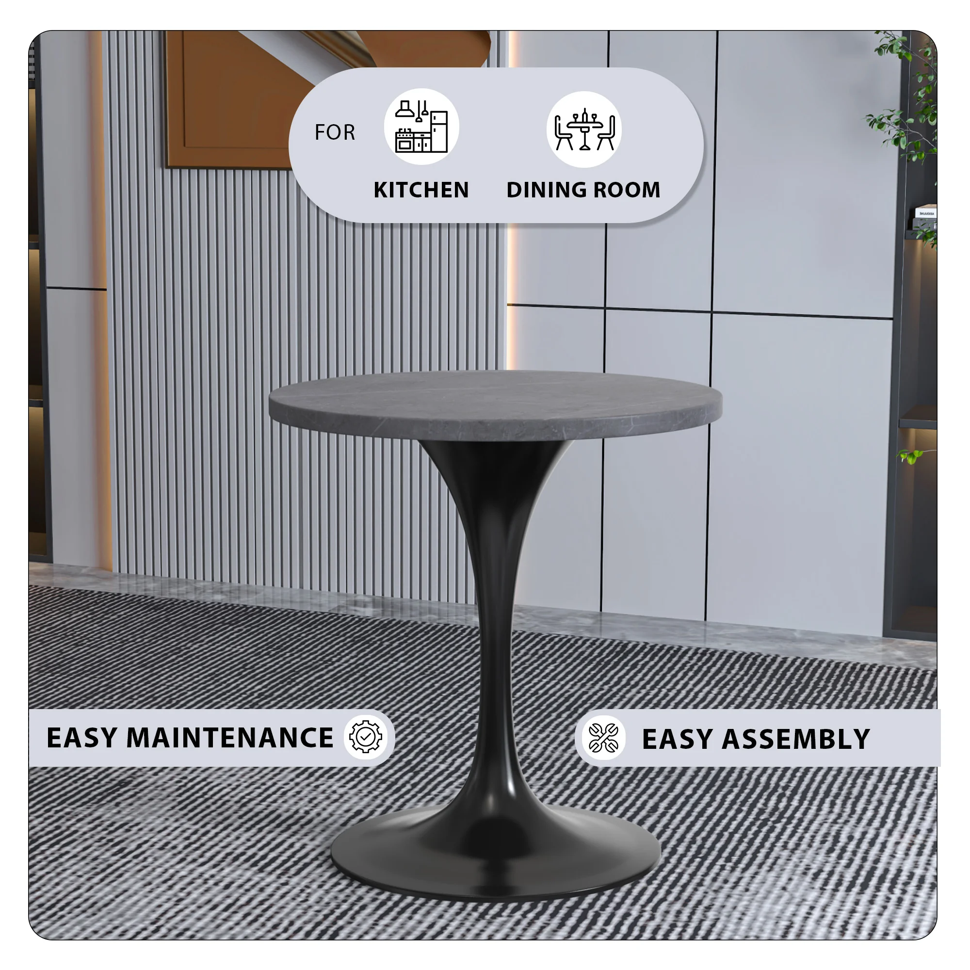 Verve Collection 27 Round Dining Table, Black Base with Sintered Stone Grey Top