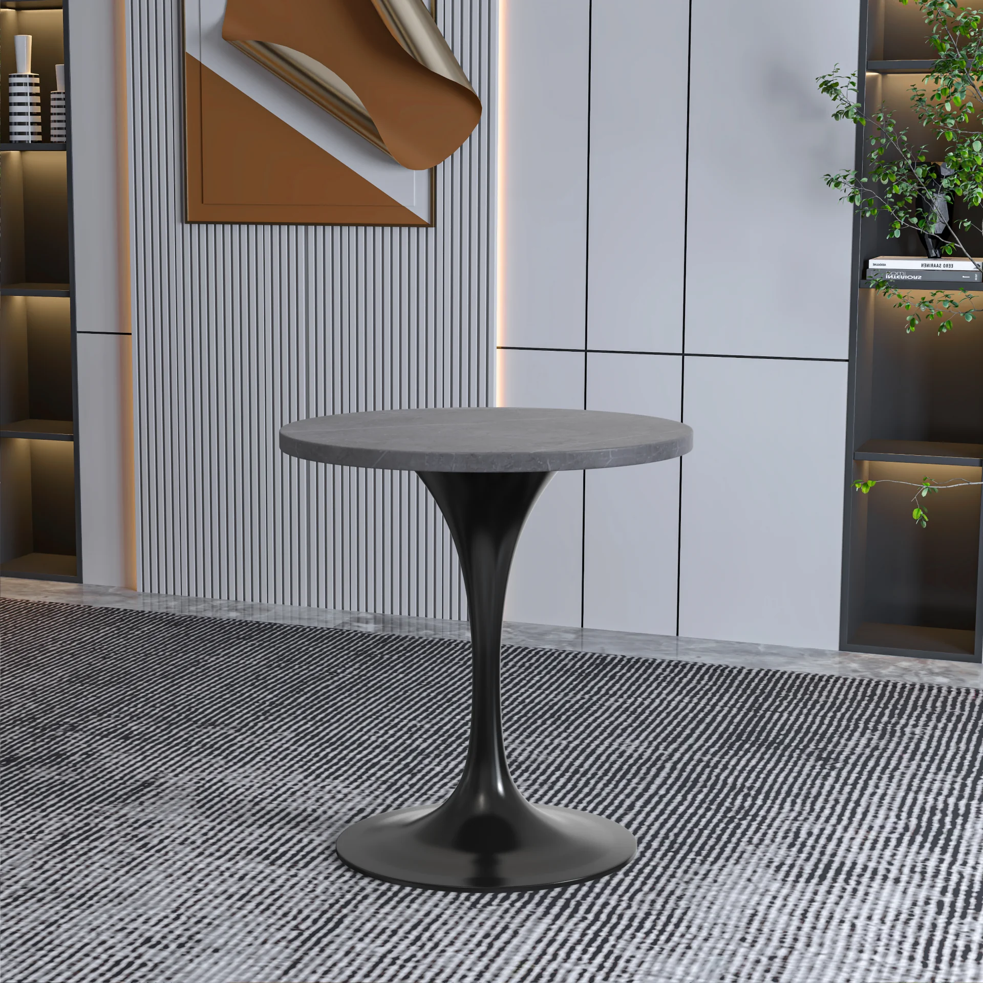 Verve Collection 27 Round Dining Table, Black Base with Sintered Stone Grey Top