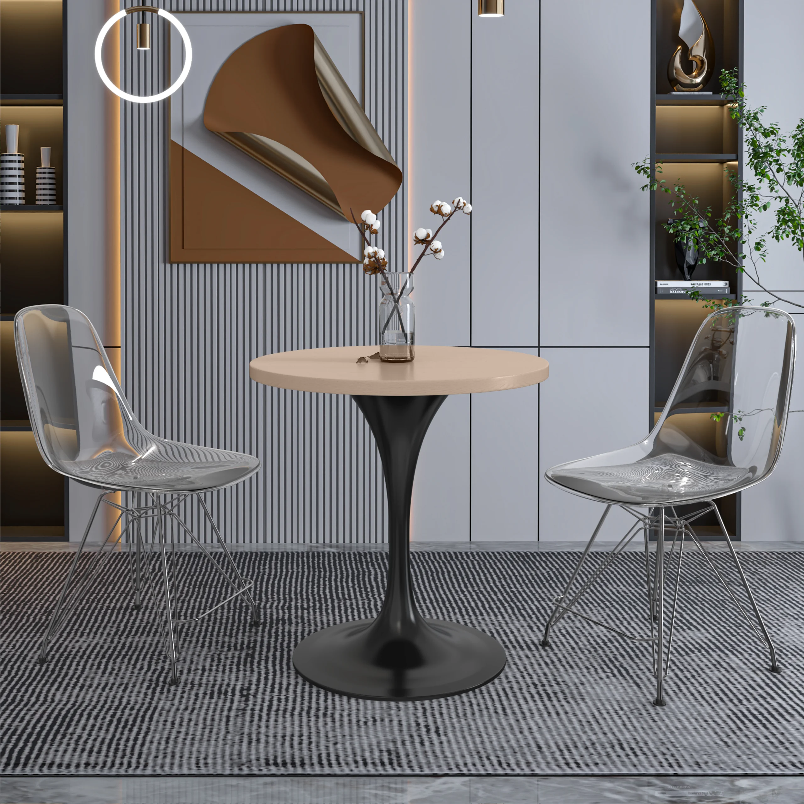 Verve Collection 27 Round Dining Table, Black Base with Light Natural Wood MDF Top