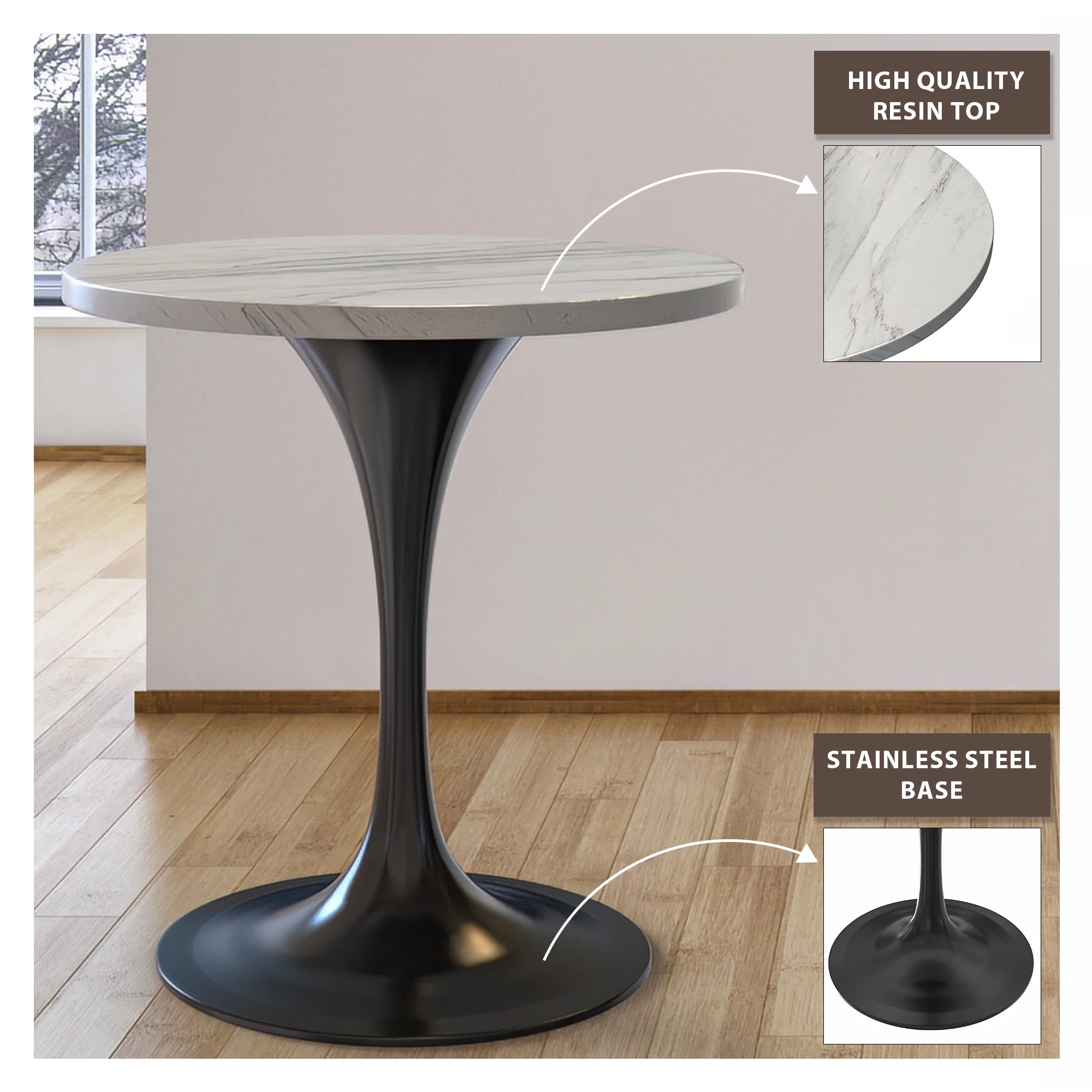 Verve Collection 27" Round Dining Table, Black Base with Laminated White Marbleized Top