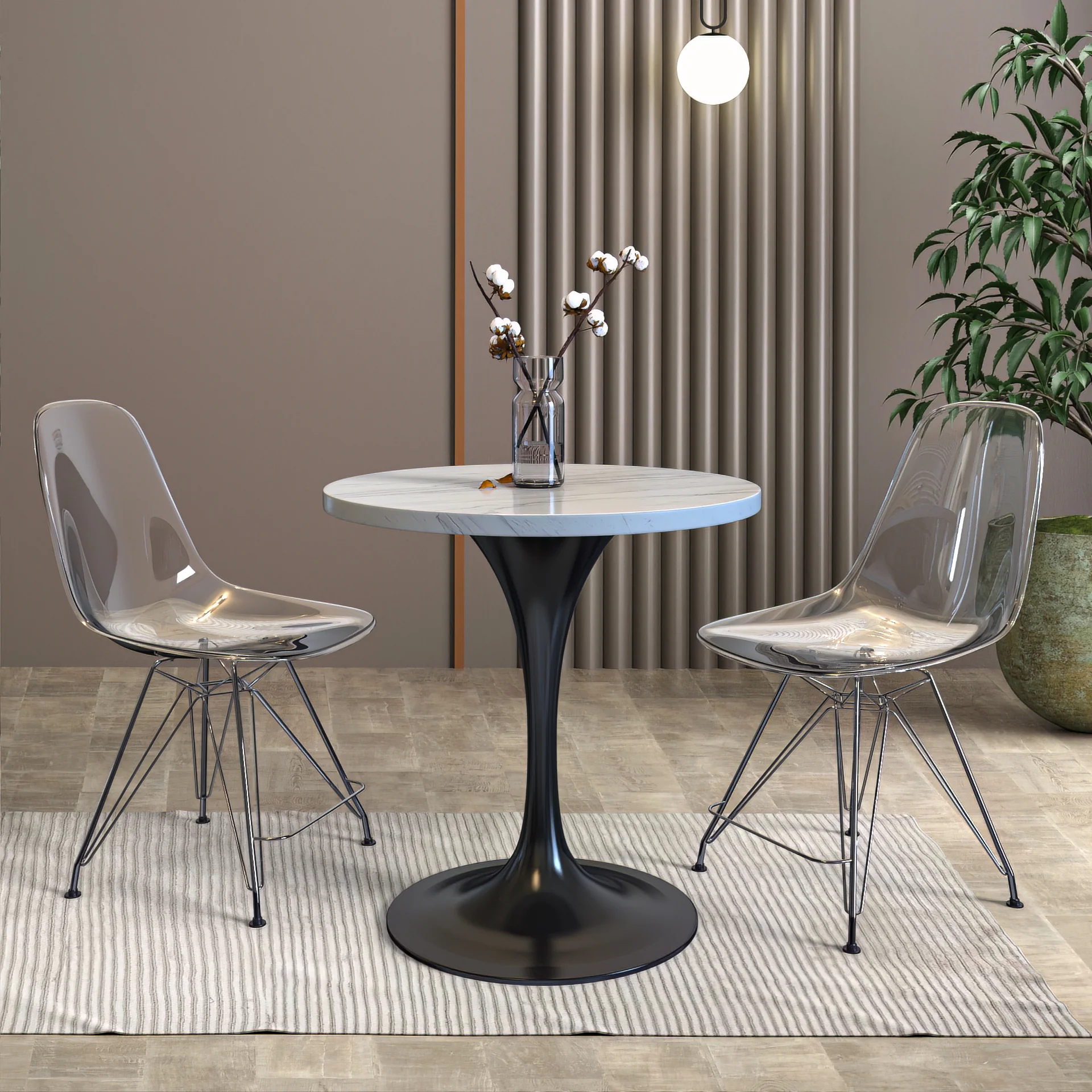 Verve Collection 27" Round Dining Table, Black Base with Laminated White Marbleized Top