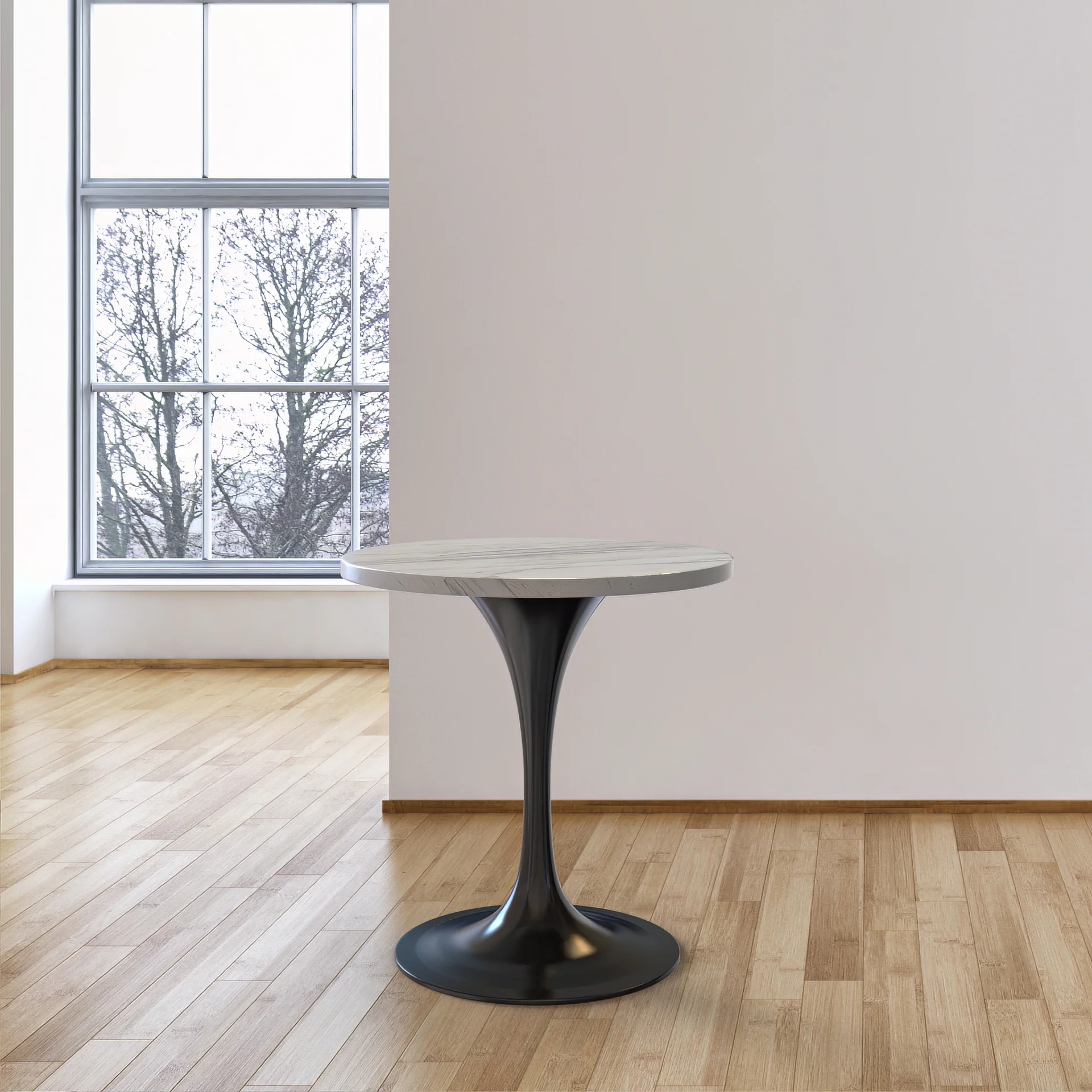 Verve Collection 27" Round Dining Table, Black Base with Laminated White Marbleized Top