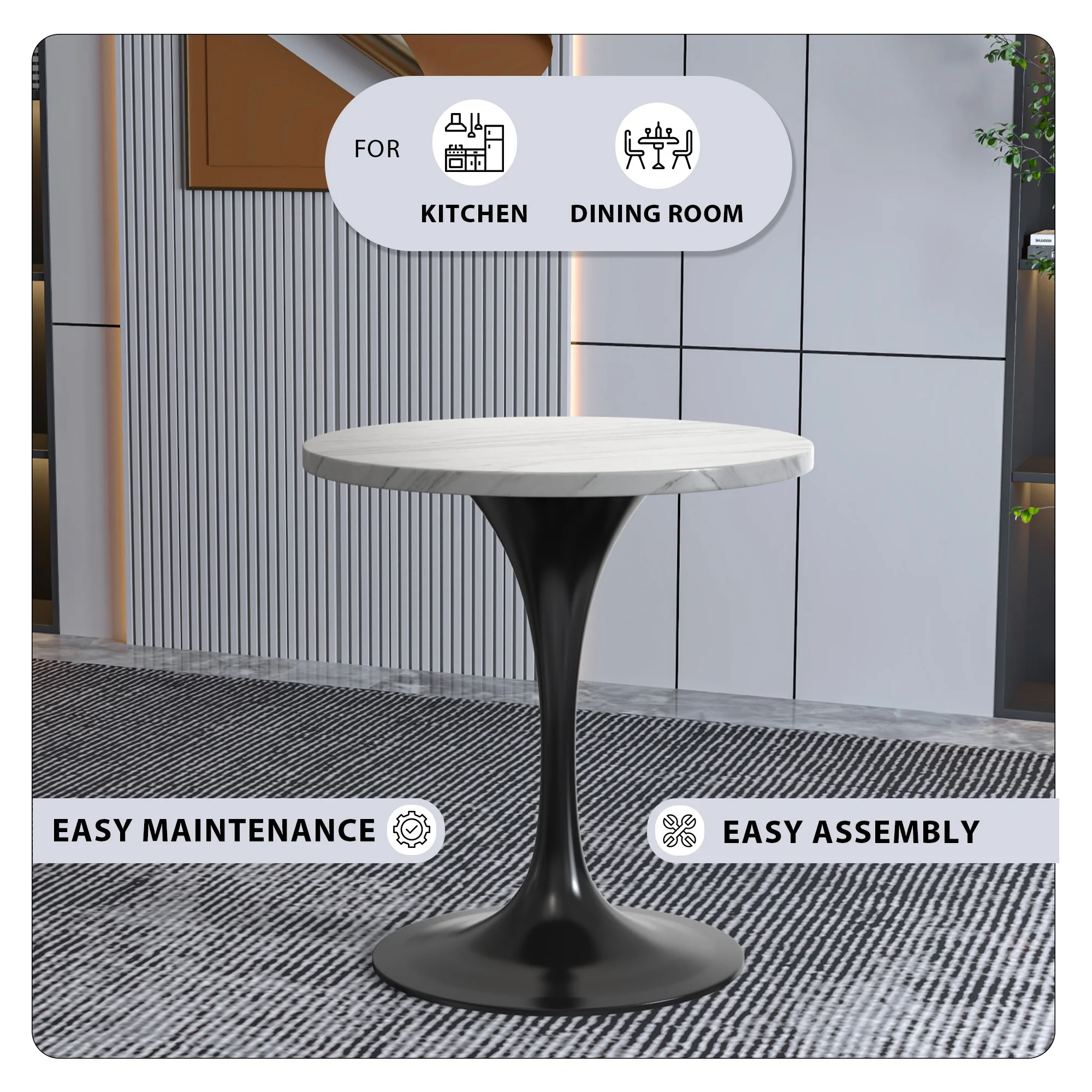 Verve Collection 27 Round Dining Table, Black Base with Sintered Stone White Top