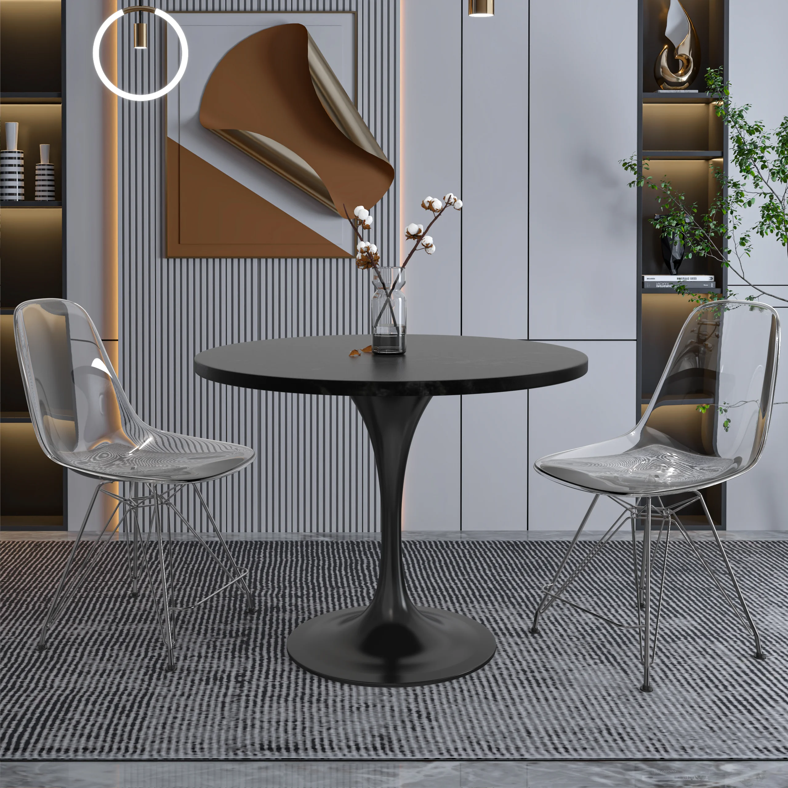 Verve Collection 36 Round Dining Table, Black Base with Black MDF Top