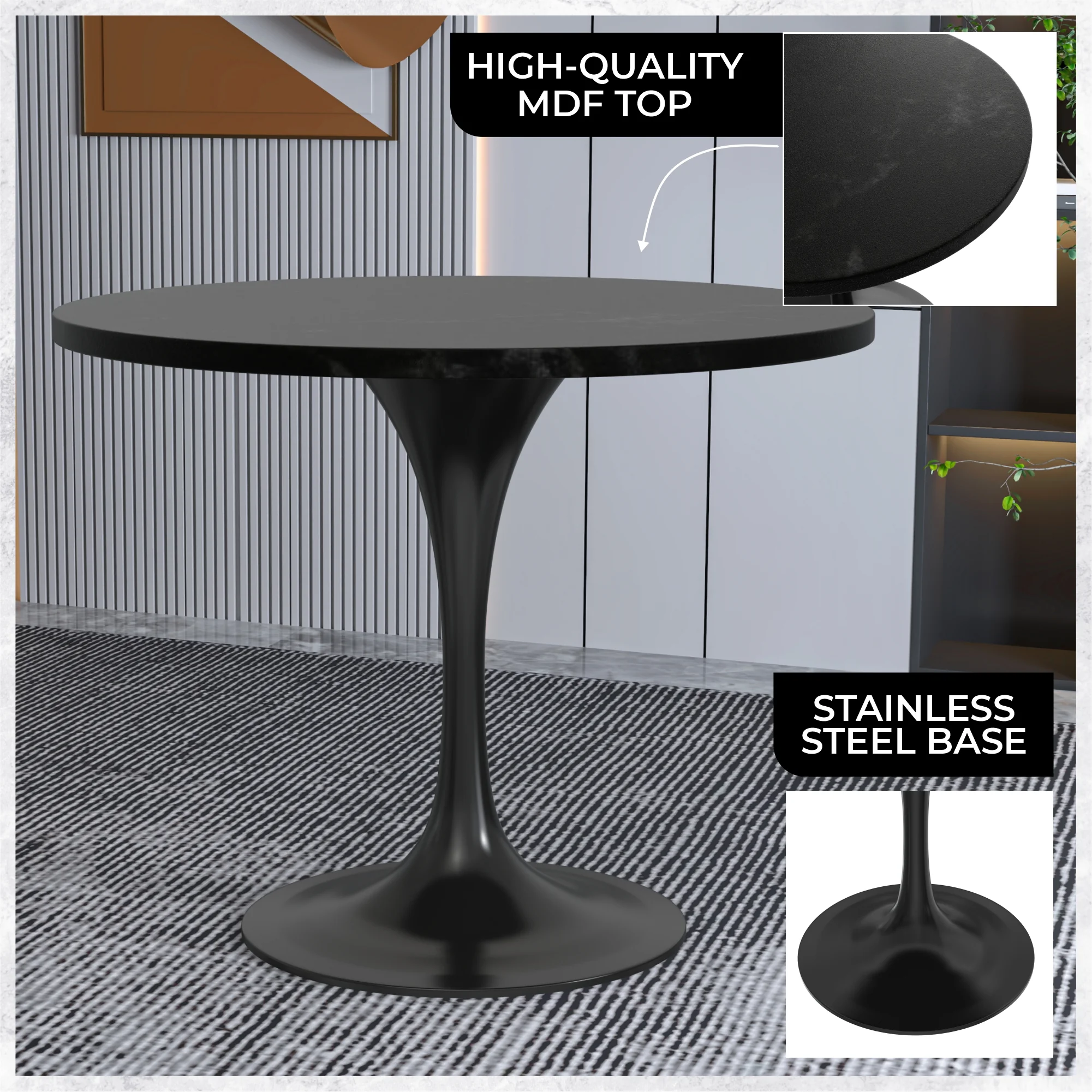Verve Collection 36 Round Dining Table, Black Base with Black MDF Top