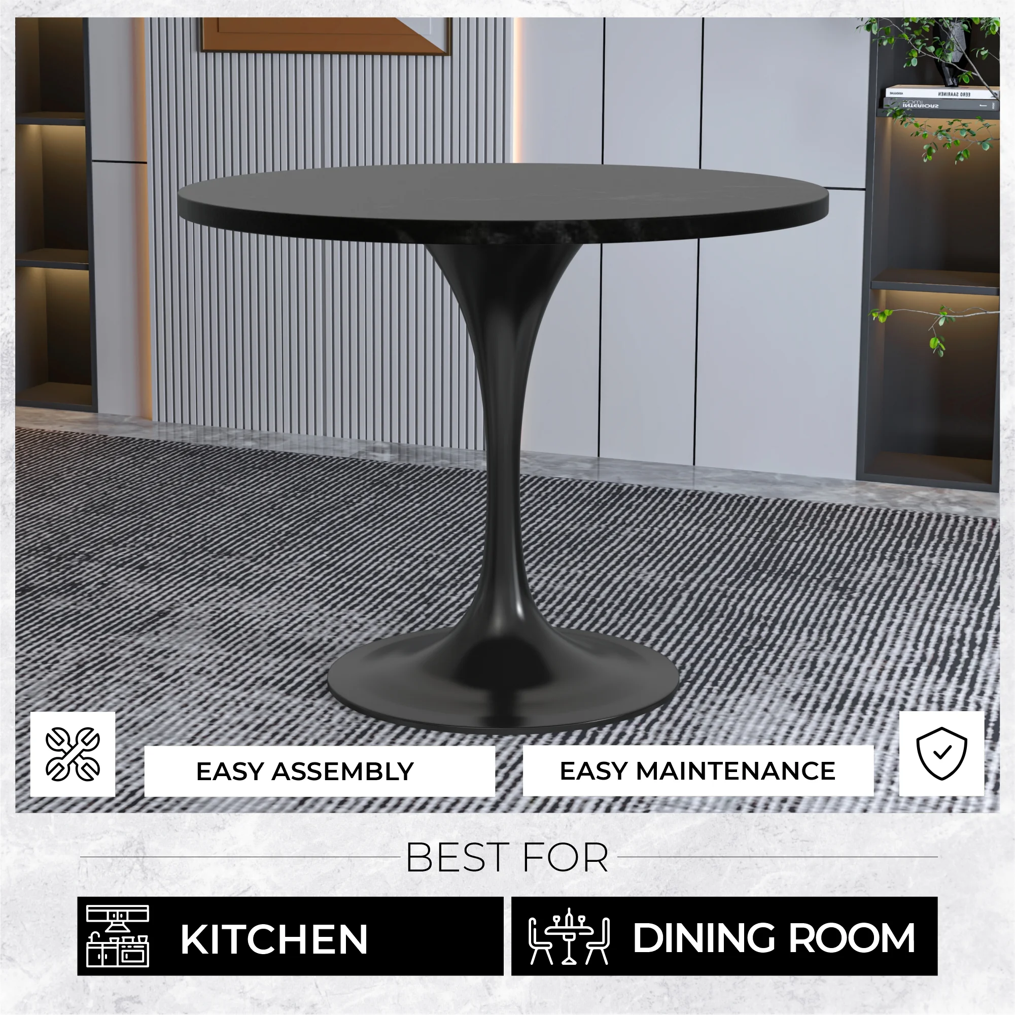 Verve Collection 36 Round Dining Table, Black Base with Black MDF Top
