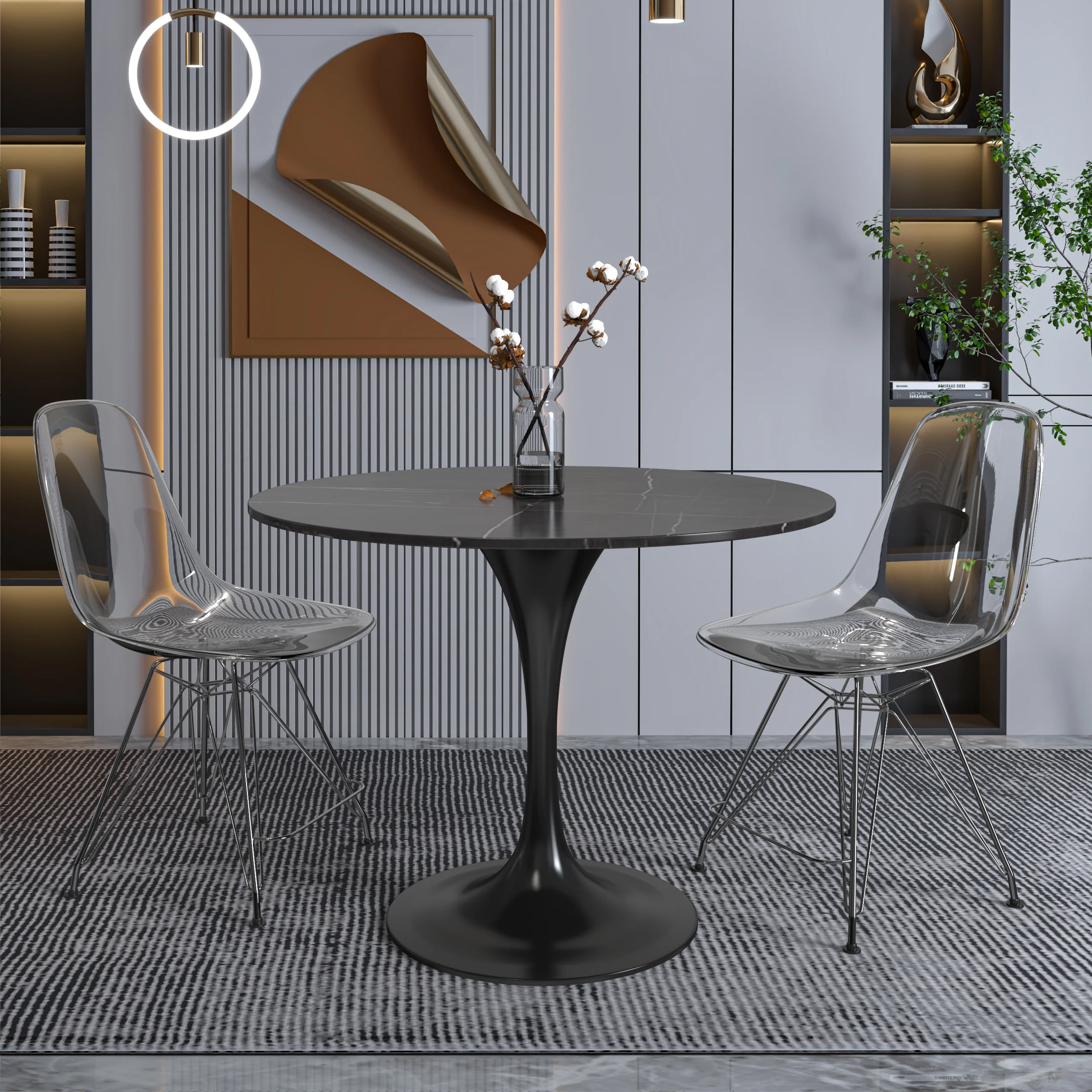 Verve Collection 36 Round Dining Table, Black Base with Sintered Stone Black Top
