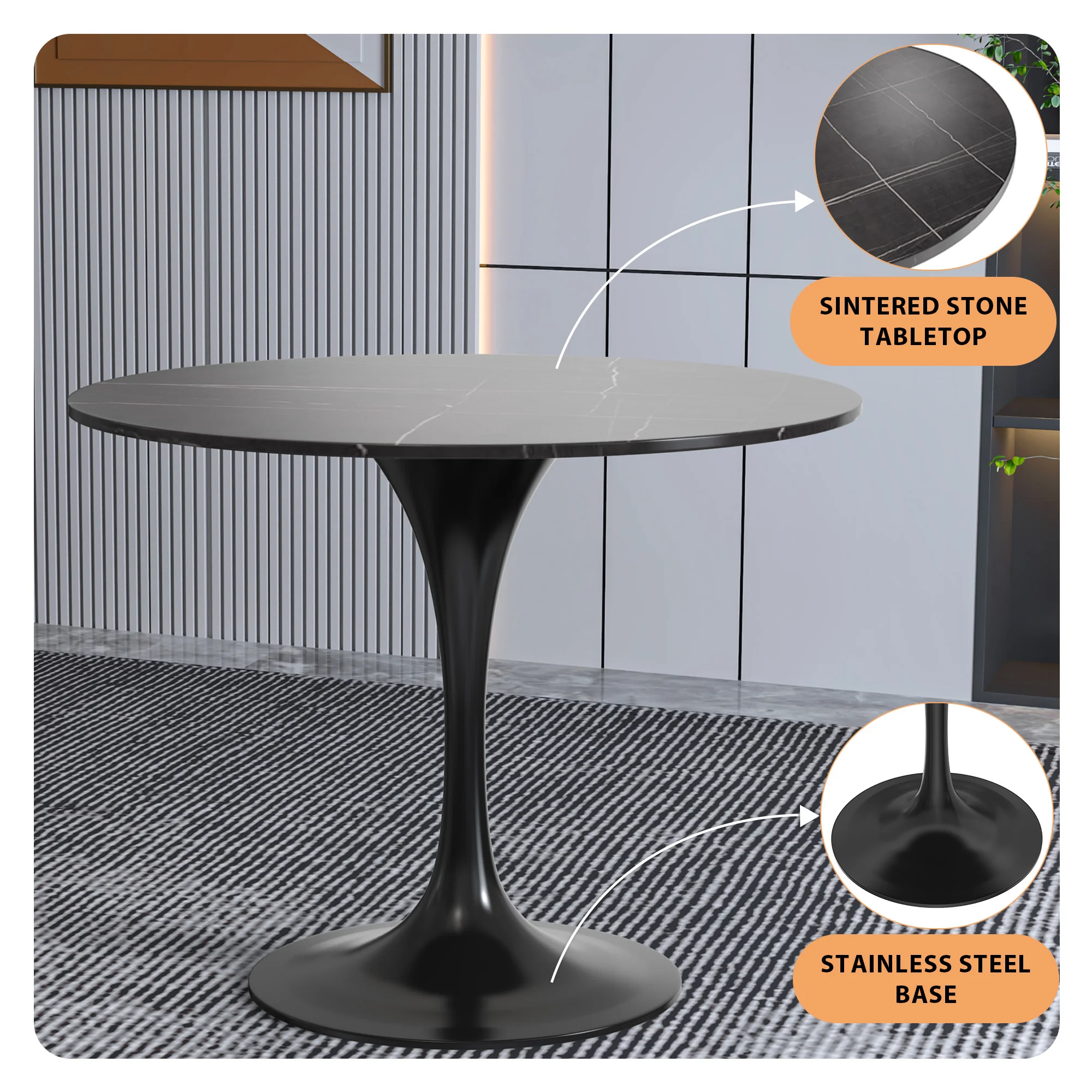Verve Collection 36 Round Dining Table, Black Base with Sintered Stone Black Top